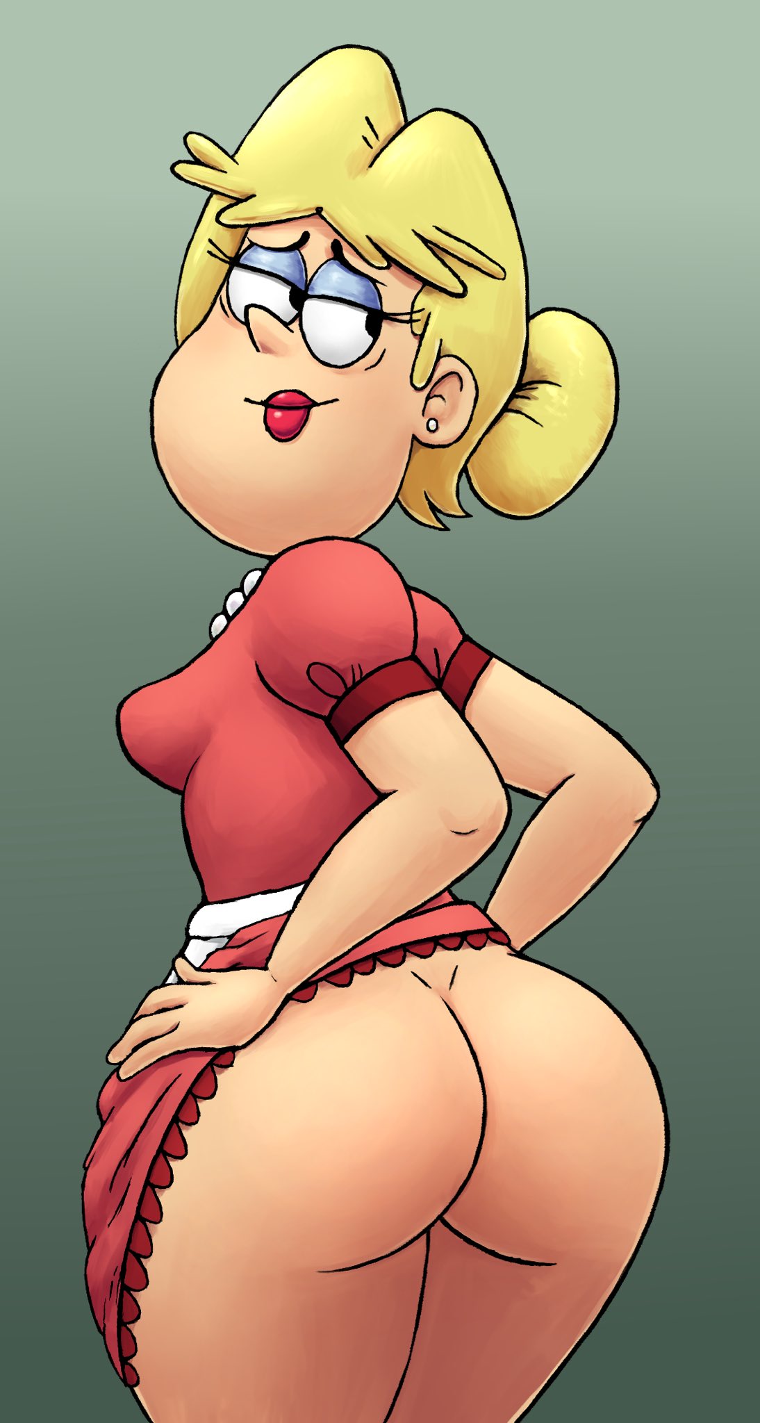 1girls, apron, apron lift, ass, big ass, big butt, blonde hair, blue eyeshadow, breasts, dress, dress lift, earrings, eyeshadow, female, female only, hair bun, hairbun, jigglytoons, lifting clothing, lifting skirt, lipstick, looking away, looking to the side, makeup, milf, mother, no panties, red lipstick, rita loud, sideboob, skirt lift, smile, solo, solo female, solo focus, straight hair, the loud house, thick, thick thighs, thighs