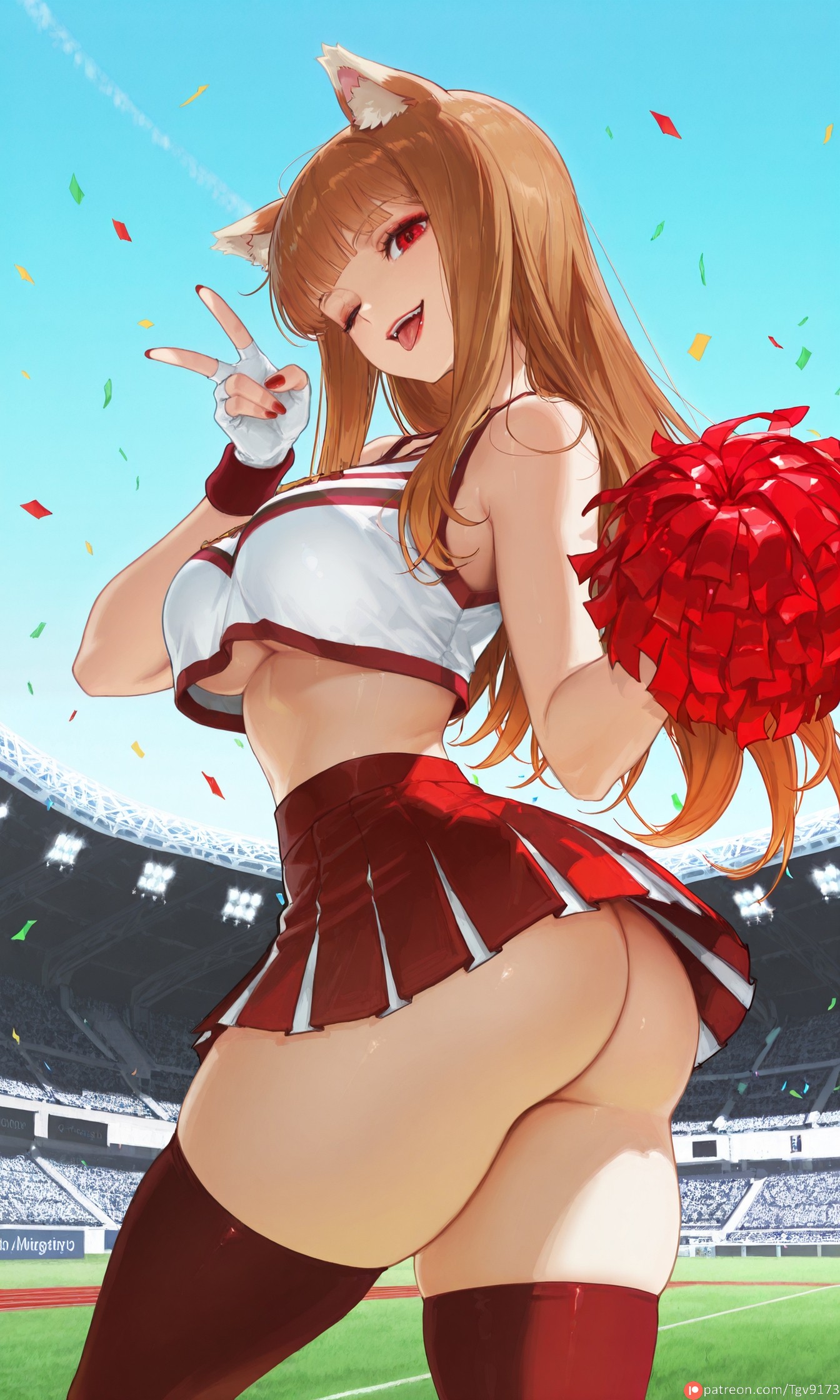 1girl, ai generated, animal ear fluff, animal ears, ass, bangs, bare shoulders, blue sky, breasts, brown hair, cheerleader, commission, commissions open, confetti, crop top, crop top overhang, day, fingerless gloves, gloves, holding, holding pom poms, holo, large breasts, long hair, looking at viewer, midriff, miniskirt, nail polish, one eye closed, open mouth, outdoors, pleated skirt, pom pom (cheerleading), red eyes, red nails, red skirt, self upload, skirt, sky, sleeveless, smile, solo, spice and wolf, stadium, tgv9173, thighhighs, thighs, twisted torso, underboob, v, wolf ears, wolf girl, wolf tail
