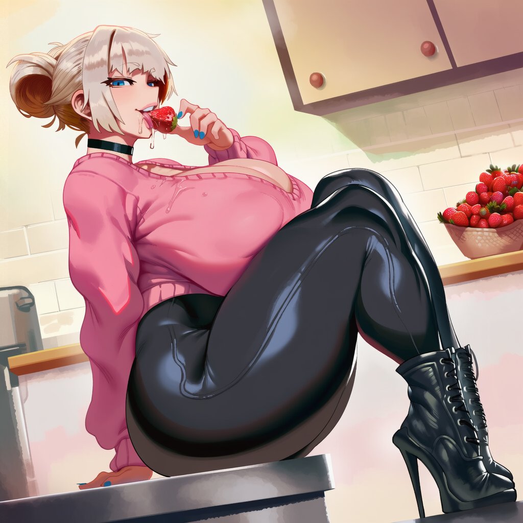 ai generated, black choker, black footwear, black pants, blonde hair, blue eyes, blue nails, boots, breasts, choker, cleavage, crossed legs, curvy, dutch angle, eating, female, food, fruit, hair bun, high heel boots, high heels, holding, holding food, huge breasts, looking at viewer, nail polish, pants, pink sweater, shiny clothes, single hair bun, sitting, solo, strawberry, sweater, sylvera, sylveraai, thick thighs, thighs, tight clothes, tight pants