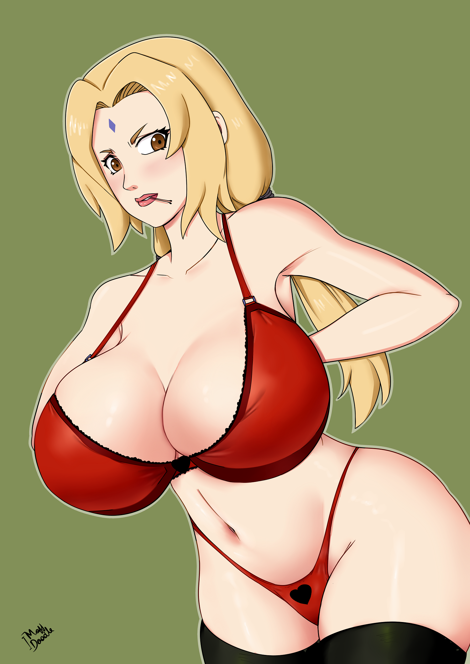 1girls, adjusting clothes, arms behind back, bare arms, bare shoulders, big breasts, black legwear, blonde hair, blush, boruto: naruto next generations, bra, breasts, brown eyes, busty, chronosth1, cleavage, clothed, clothing, curvaceous, curvy, curvy figure, facial mark, female, female only, forehead mark, g-string, gummslime, hairclip, highleg, highleg panties, huge breasts, human, large breasts, legwear, light skin, light-skinned female, lingerie, lipstick, long hair, looking at viewer, makeup, masterdoodle, mature, mature female, midriff, milf, naruto, naruto (classic), naruto (series), naruto shippuden, object in mouth, oppai, pale skin, pale-skinned female, panties, partially clothed, picot trim, picot trim bra, pigtails, pink lips, pink lipstick, pinup, pose, posing, red bra, red panties, red thong, revealing clothes, shounen jump, solo, standing, stockings, thighhighs, thong, thong panties, thunder thighs, tied hair, tsunade, twintails, underwear, valentine's day, voluptuous, wide hips