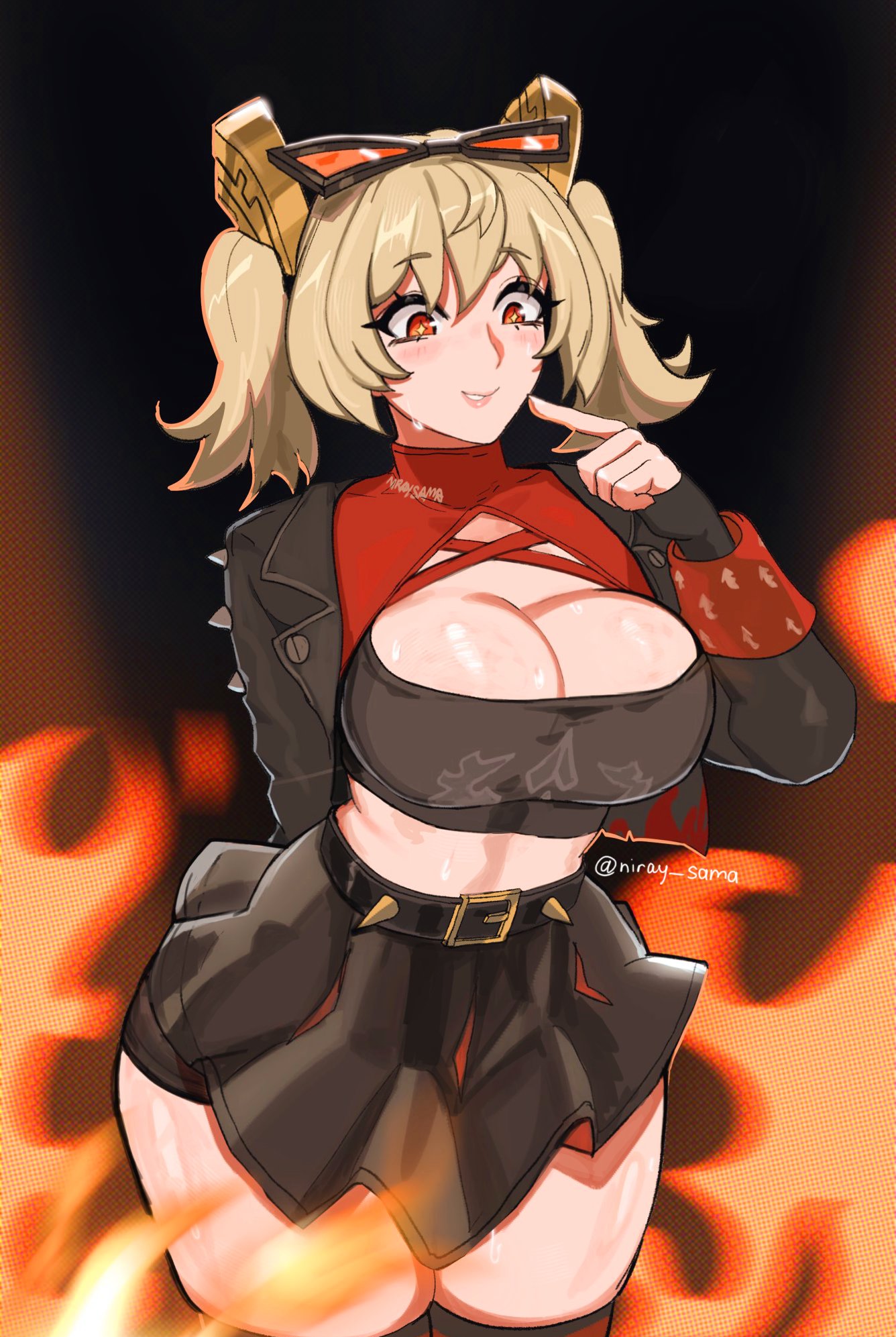 1girls, 2026, artist name, big breasts, black jacket, blonde hair, breasts, burnice white, clothed, clothing, color, colored, digital media (artwork), female, female only, fire, flame, front view, hair, hi res, hoyoverse, jacket, light skin, light-skinned female, looking down, mihoyo, niray sama, ponytail, red eyes, skirt, smile, solo, sweat, sweatdrop, thick thighs, thighs, zenless zone zero
