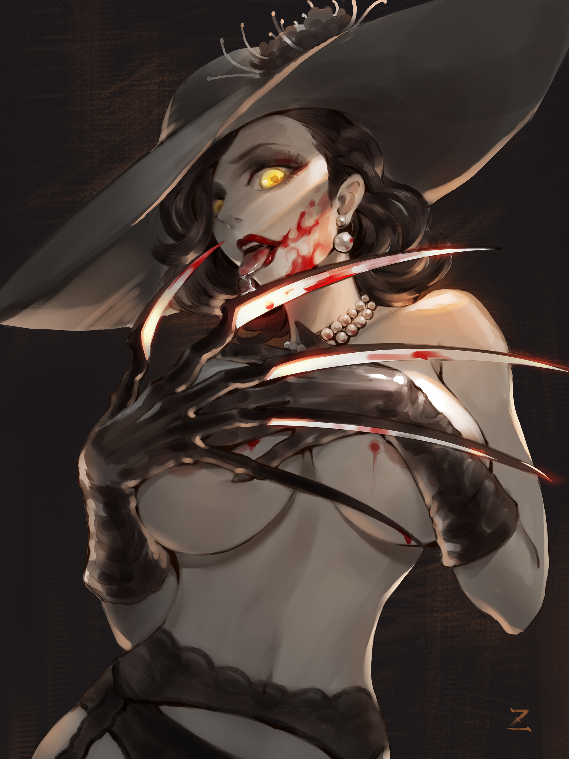 alcina dimitrescu, black hair, black panties, black underwear, blood, breasts, capcom, claws, female, gloves, glowing eyes, hat, jie zhu, joker.z, lingerie, lipstick, panties, red lips, red lipstick, resident evil, resident evil 8: village, solo, tongue, tongue out, underwear, vampire, yellow eyes