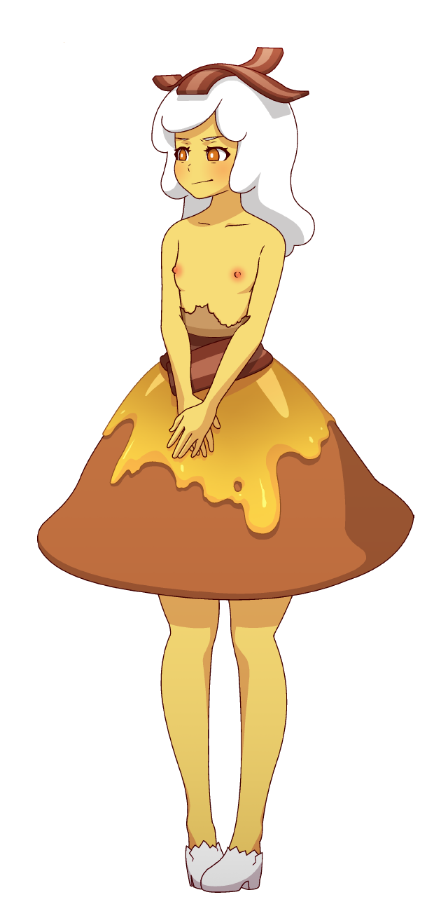 :/ adventure_time bacon bare_shoulders blush breakfast_princess breasts bright_pupils brown_skirt cartoon_network closed_mouth collarbone commentary dress english_commentary female food food_creature food_on_head full_body furrowed_eyebrows high_heels highres long_hair looking_away looking_to_the_side manyakis mike_inel miniskirt nipples object_on_head orange_eyes own_hands_together pancake skirt small_breasts solo standing topless torn_clothes transparent_background umbrella-flared_skirt v_arms white_footwear white_hair white_pupils