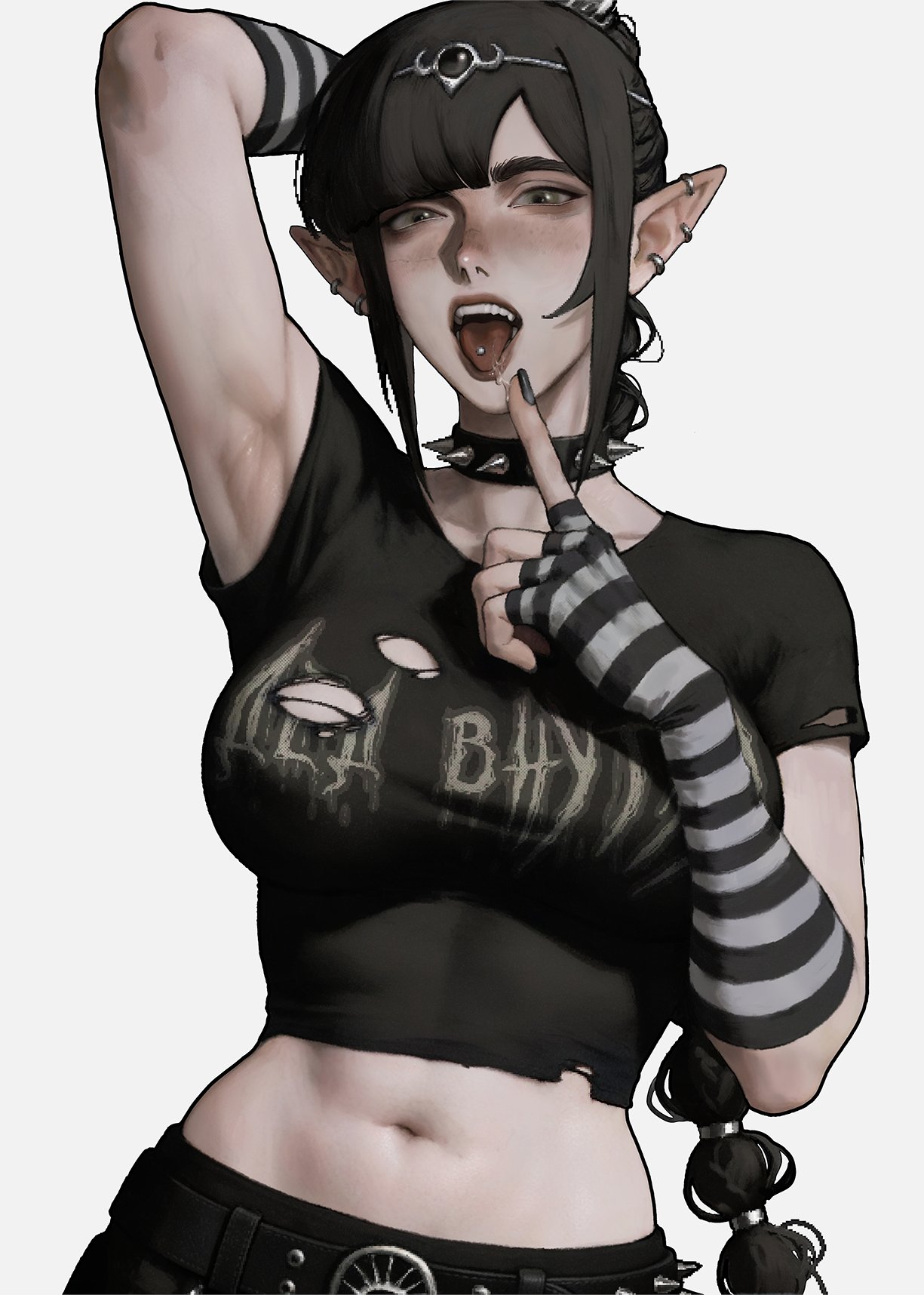 armpits, arms up, baldur's gate, baldur's gate 3, black hair, choker, circlet, elf ears, female, female only, fingerless gloves, fully clothed, grey eyes, holes in clothes, jewelry, lapefamm, midriff, piercings, saliva, shadowheart, shadowheart (baldur's gate), solo, spiked collar, tongue out, tongue piercing