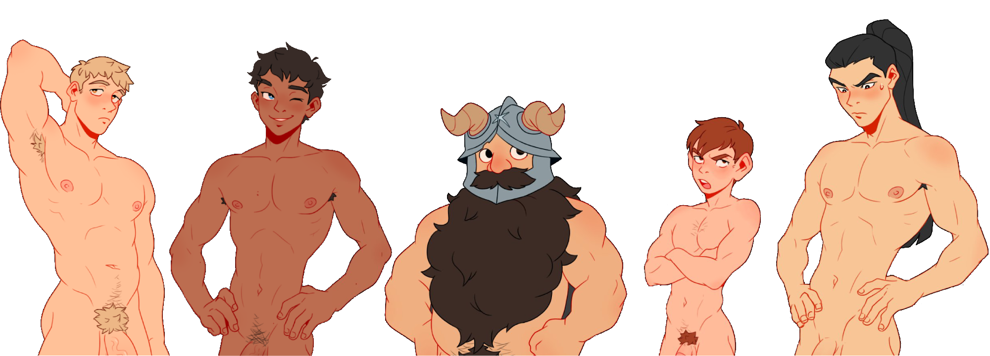 5boys, annoyed expression, beard, black hair, blonde hair, brown hair, chilchuck tims, cropped, dark skin, dark-skinned male, dungeon meshi, dwarf, gay, gay male, happy trail, kabru, laios touden, light-skinned female, light-skinned male, male only, nude, ponytail, pubic hair, senshi (dungeon meshi), shirtless, shirtless male, shuro (dungeon meshi), spicehead, topless, twink, yaoi