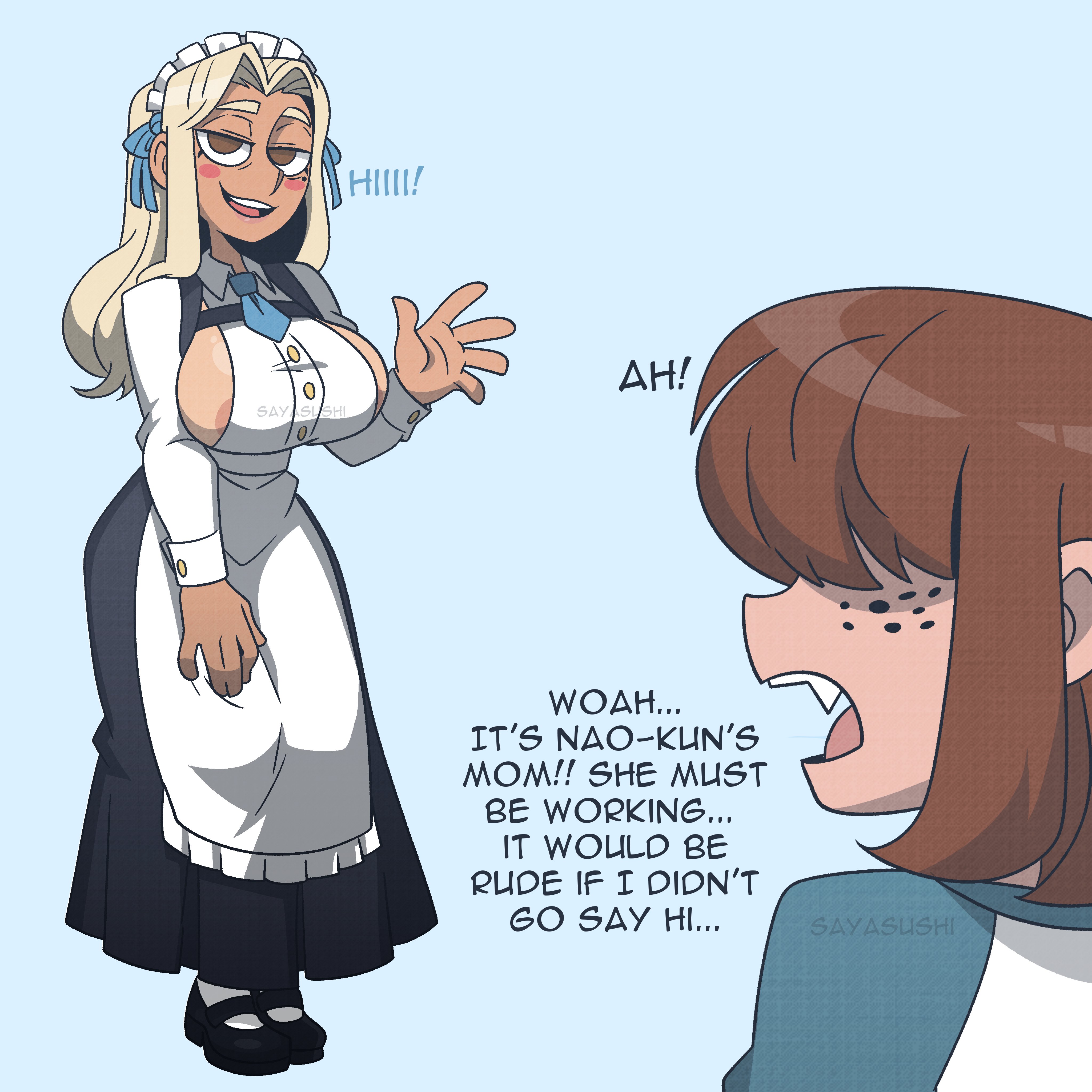 1boy, 1girls, areola slip, areolae, big breasts, blonde hair, breasts, brown eyes, brown hair, cute fang, freckles, freckles on face, huge boobs, huge breasts, maid, maid uniform, mc-kun (sayasushiswag), mole, mole under eye, nao-kun's mom, redesign, sayasushiswag, sideboob, simple background, tanned, tanned female, text