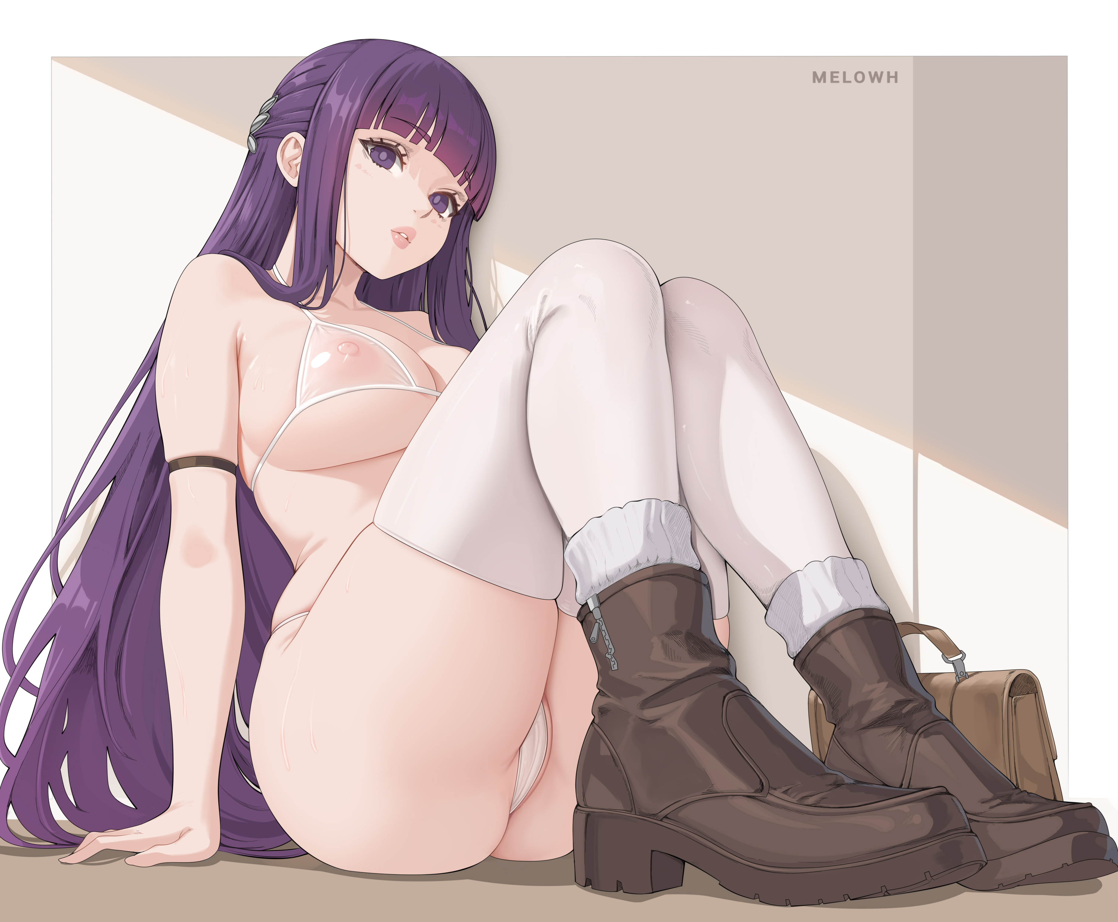 1girls, absurdres, ankle boots, arm support, artist name, bag, bikini, blunt bangs, boots, border, breasts, brown boots, commentary, covered nipples, english commentary, female, female only, fern (sousou no frieren), hair ornament, high heel boots, high heels, highres, knees up, large breasts, light blush, long hair, looking at viewer, melowh, outside border, pantyhose, parted lips, purple eyes, purple hair, purple pupils, sitting, solo, sousou no frieren, swimsuit, thighband pantyhose, very long hair, white bikini, white border, white pantyhose, zipper pull tab