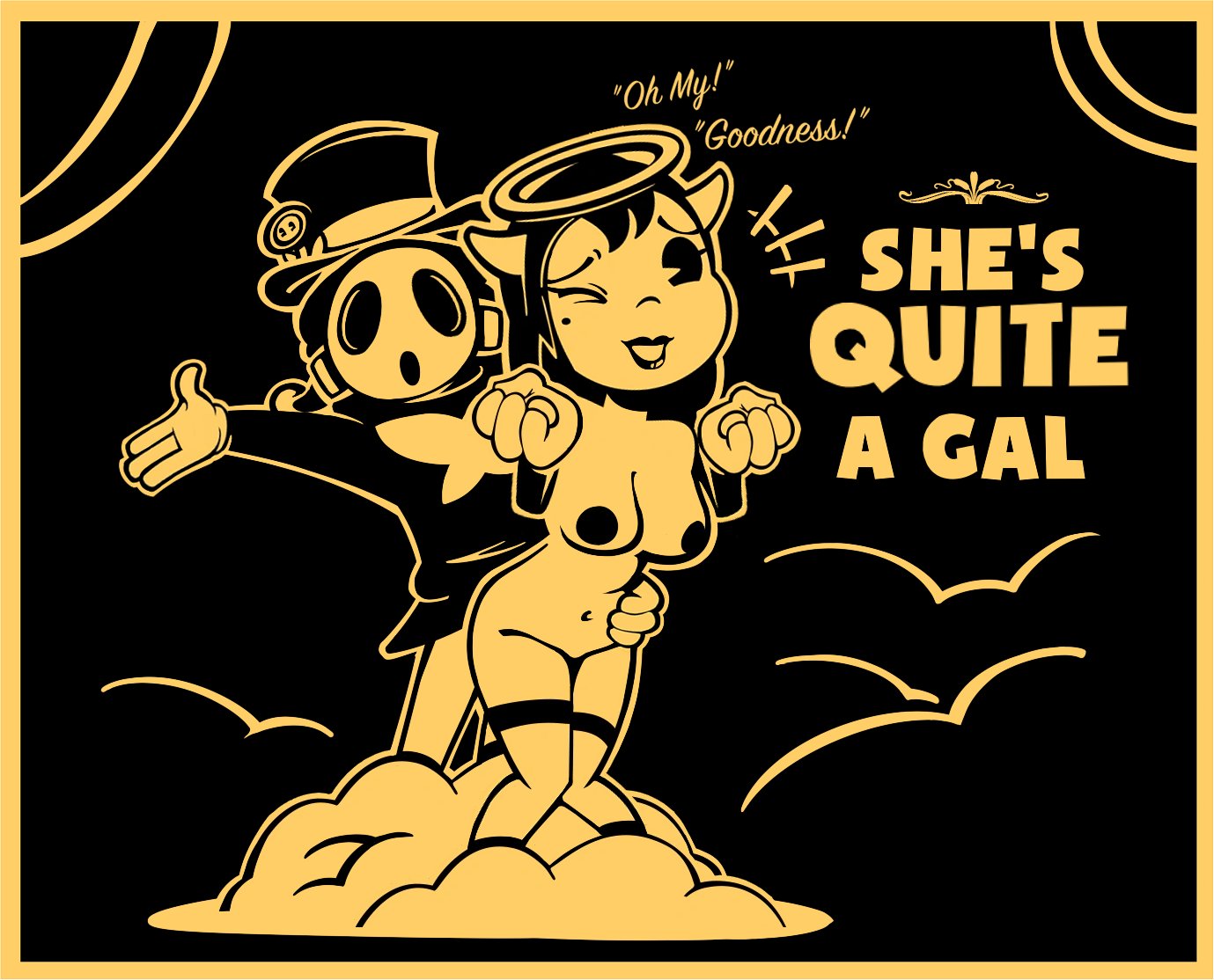 accurate art style, alice angel, altccup, angel, anti groove, bendy and the dark revival, bendy and the ink machine, black hair, black lipstick, cloud, demon horns, dialogue, from behind, functionally nude male, halo, nude female, poster, shy guy, text, tophat