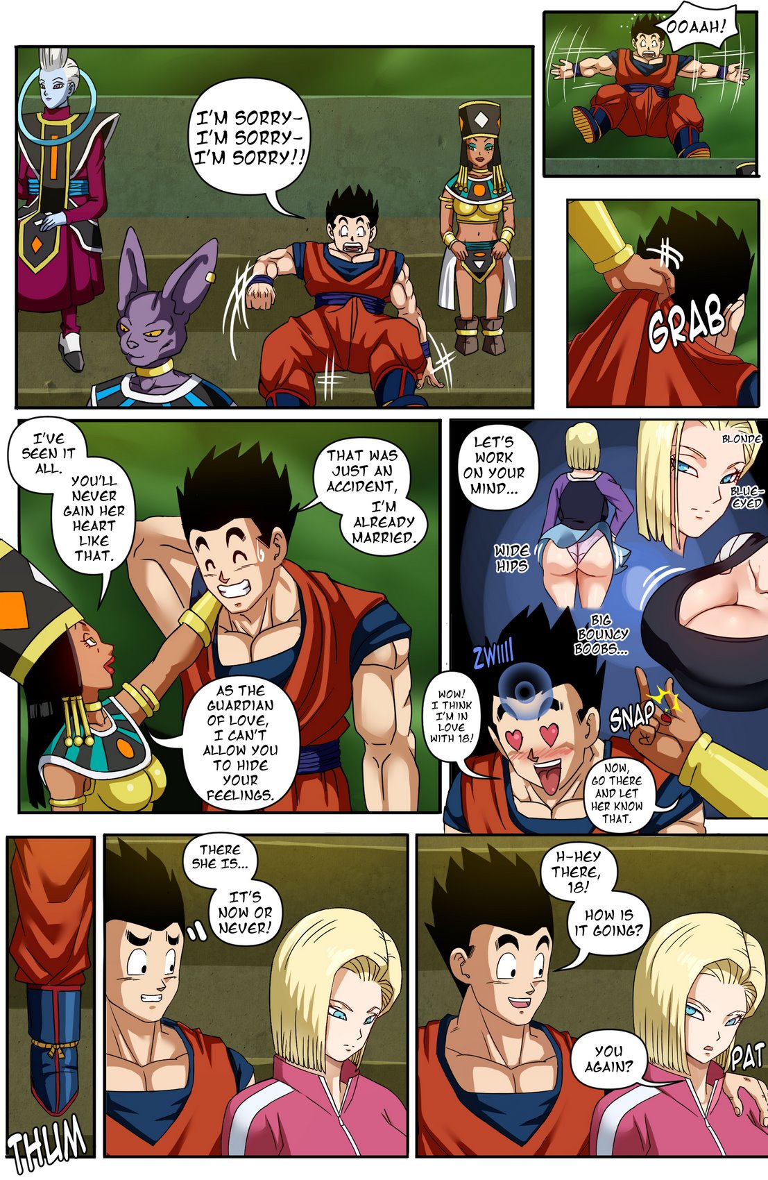 1boy 1girls android_18 ass beerus black_hair blonde_hair breasts busty cleavage comic dialogue dragon_ball dragon_ball_super english_text female helles hourglass_figure human jumpsuit large_breasts light-skinned_female light-skinned_male light_skin lower_body male male/female milf muscular muscular_male panels pinkpawg short_hair son_gohan speech_bubble straight text toned upper_body voluptuous whis