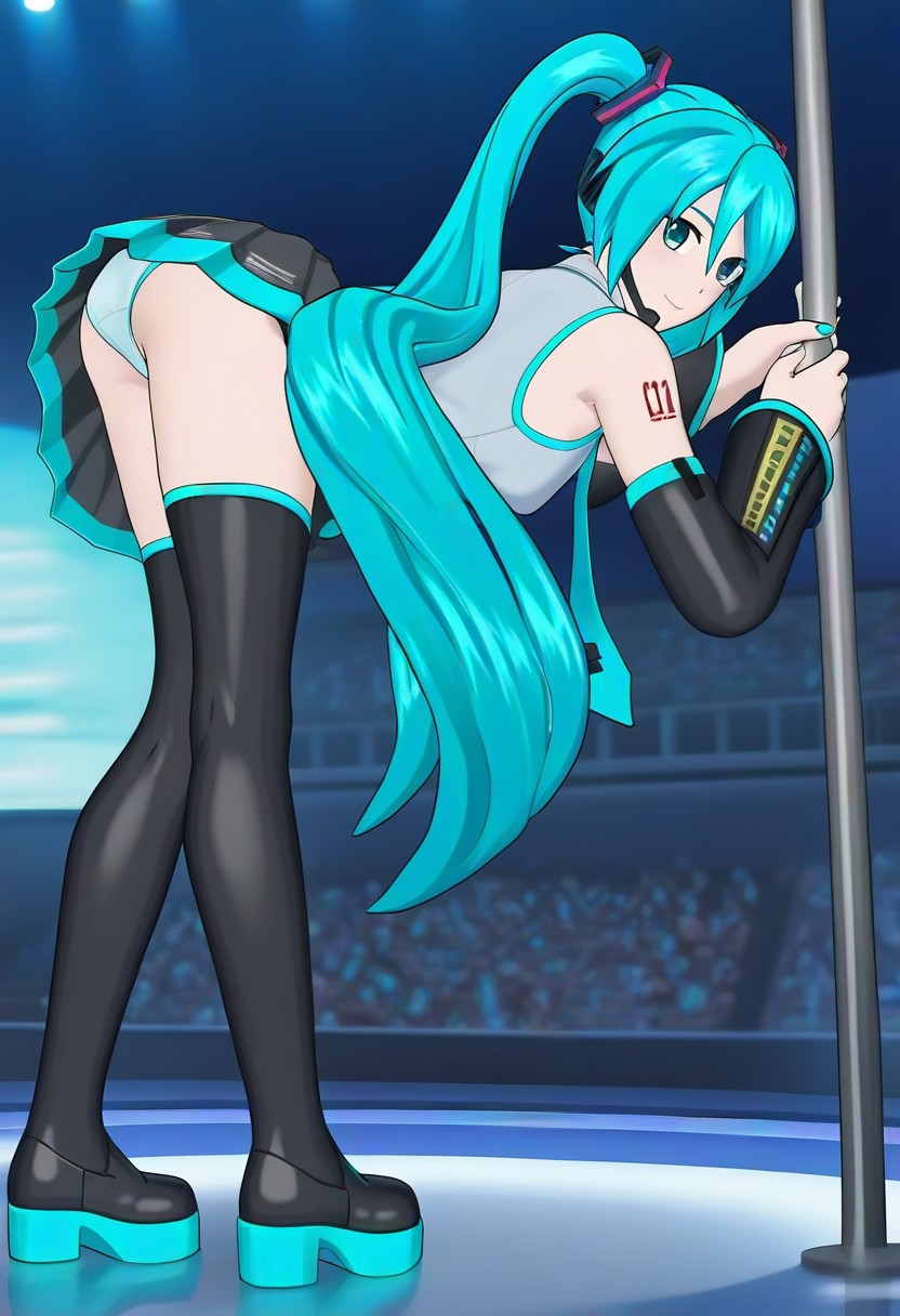 1girl, 1girls, 2026, 3d, ai generated, aqua eyes, aqua hair, aqua nails, ass, audience, background, bare shoulders, bent over, black skirt, black thighhighs, blue eyes, boots, butt, civitai, clothed, cyan hair, d3rmal, detached sleeves, female, female only, fortnite, fortnite: battle royale, full body, grabbing, hatsune miku, hatsune miku (fortnite), headset, long hair, looking at viewer, nail polish, nails, naughty, necktie, panties, pantyshot, pleated skirt, skirt, sleeveless, smile, smiling, solo, stage, stage lights, standing, stripper pole, tagme, tattoo, thigh boots, thighhighs, twintails, underwear, very long hair, white panties