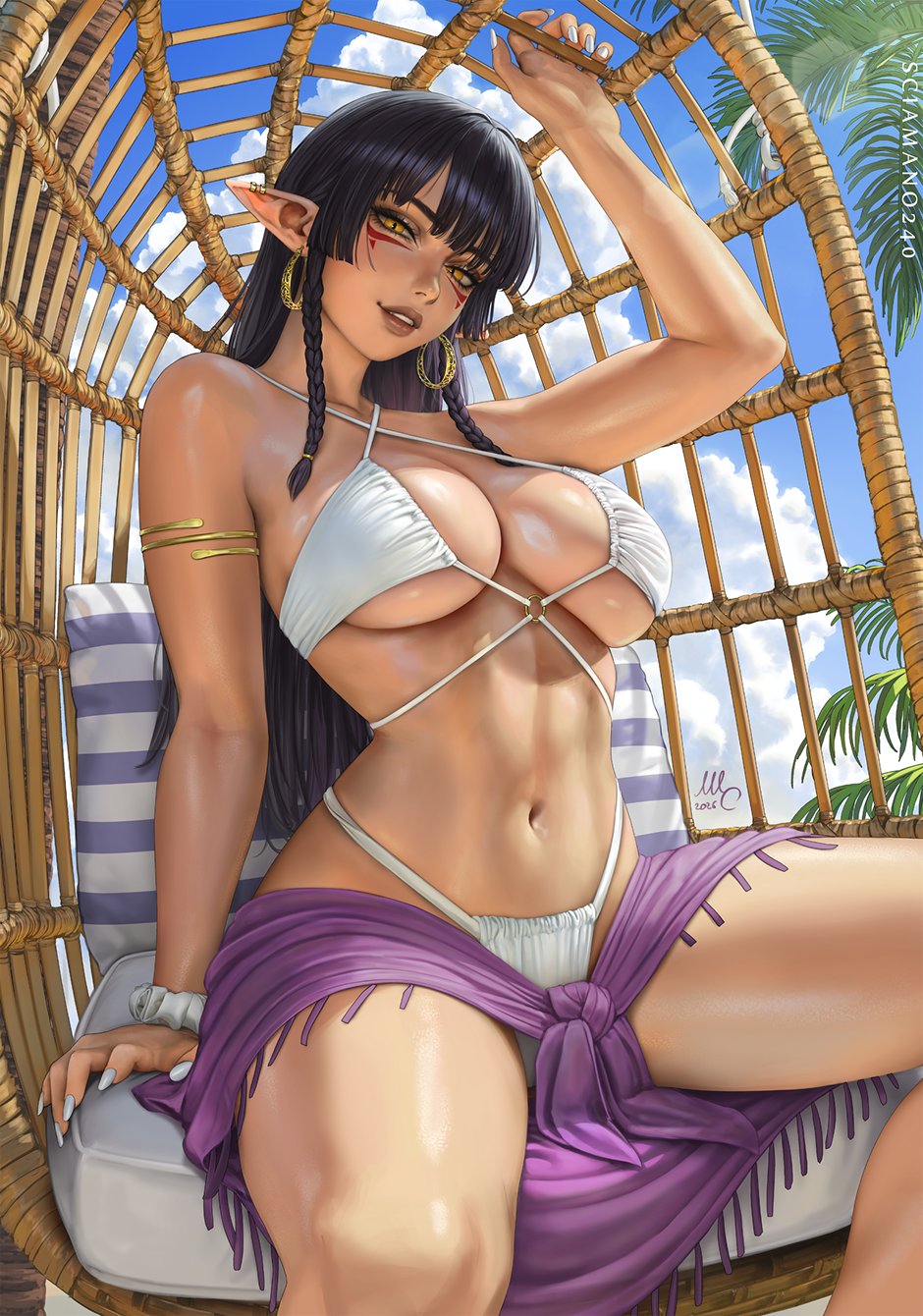 1female, 1girl, 1girls, beach, dark hair, looking at viewer, mirco cabbia, oc, original, original character, pointy ears, sciamano240, smile, smiling at viewer, solo, solo female, valerie (sciamano240), white bikini, yellow eyes