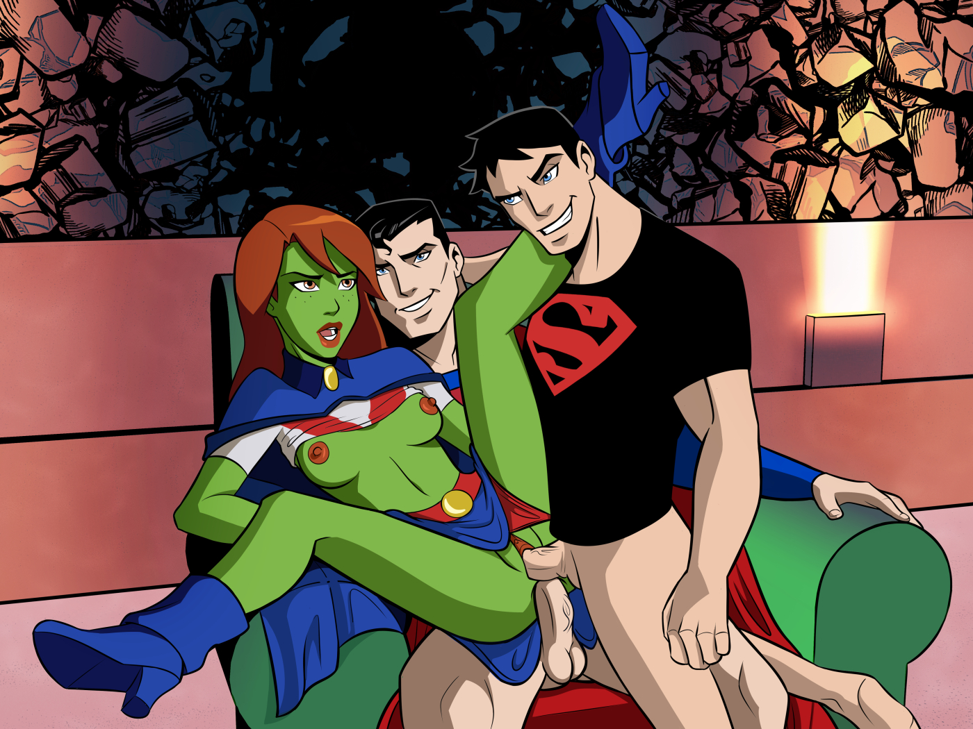 1girls, 2boys, anal, anal sex, black hair, blue skirt, breasts, cape, clark kent, clothed sex, conner kent, dc, dc comics, double penetration, female, freckles, ginger, green skin, happy, kal-el, kon-el, leg on shoulder, lipstick, long hair, male, megan morse, miss martian, mistermultiverse, nipples, orange hair, panties aside, partially clothed, pussy, sex in skirt, short hair, skirt, skirt lift, smile, superboy, superboy (conner kent), superman, superman (clark kent), superman (series), threesome, top, top lift, vagina, vaginal penetration, vaginal sex, young justice