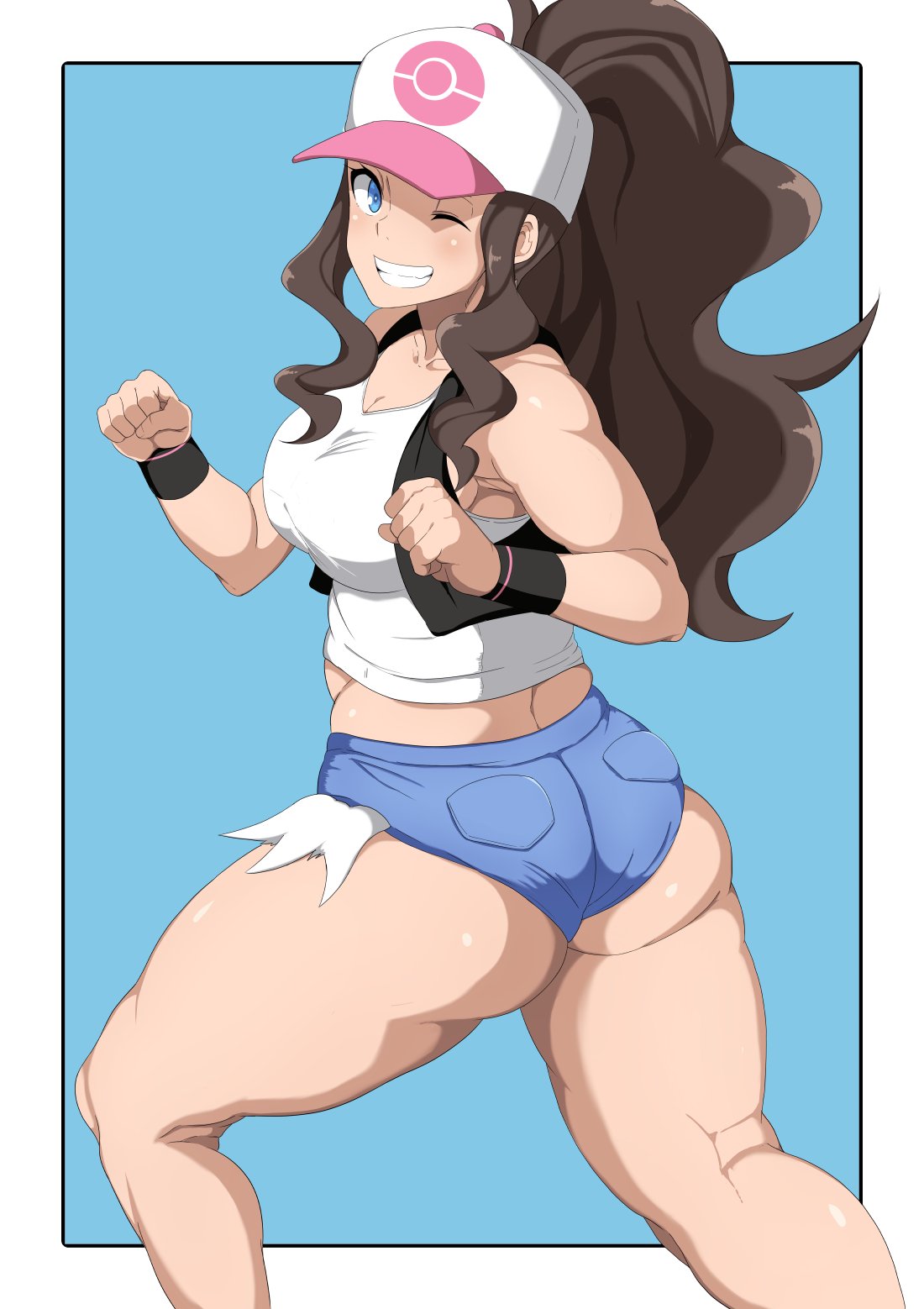 1girls, ass, ass hanging out of shorts, blue eyes, breasts, brown hair, female, hat, hilda (pokemon), human, long hair, minishorts, nintendo, oryuto, pokemon, pokemon bw, shorts, solo, standing, thick thighs, thighs