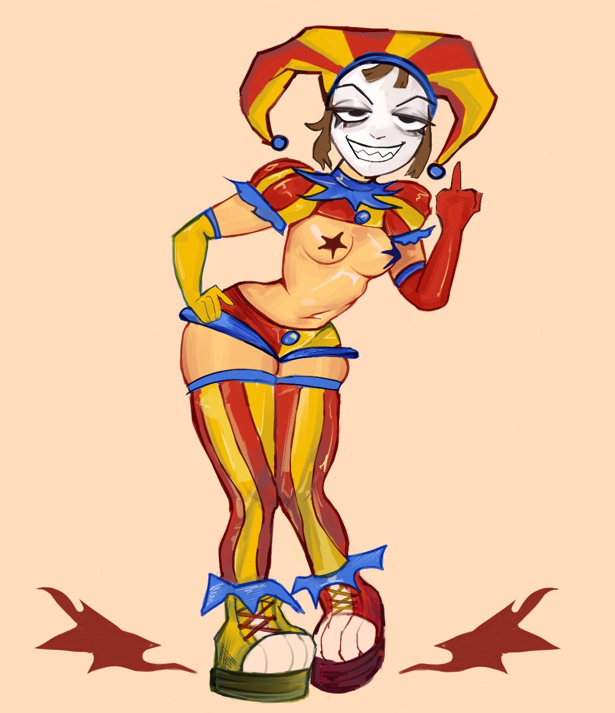 breasts, brown hair, cupidpods, evil grin, evil pomni (the amazing digital circus), evil smile, female, hand on hip, jagged teeth, jester, jester hat, jester outfit, looking at viewer, middle finger, navel, pasties, pomni (the amazing digital circus), simple background, smile, solo, solo female, spiky teeth, star pasties, star-shaped pasties, the amazing digital circus, thighhighs, white face