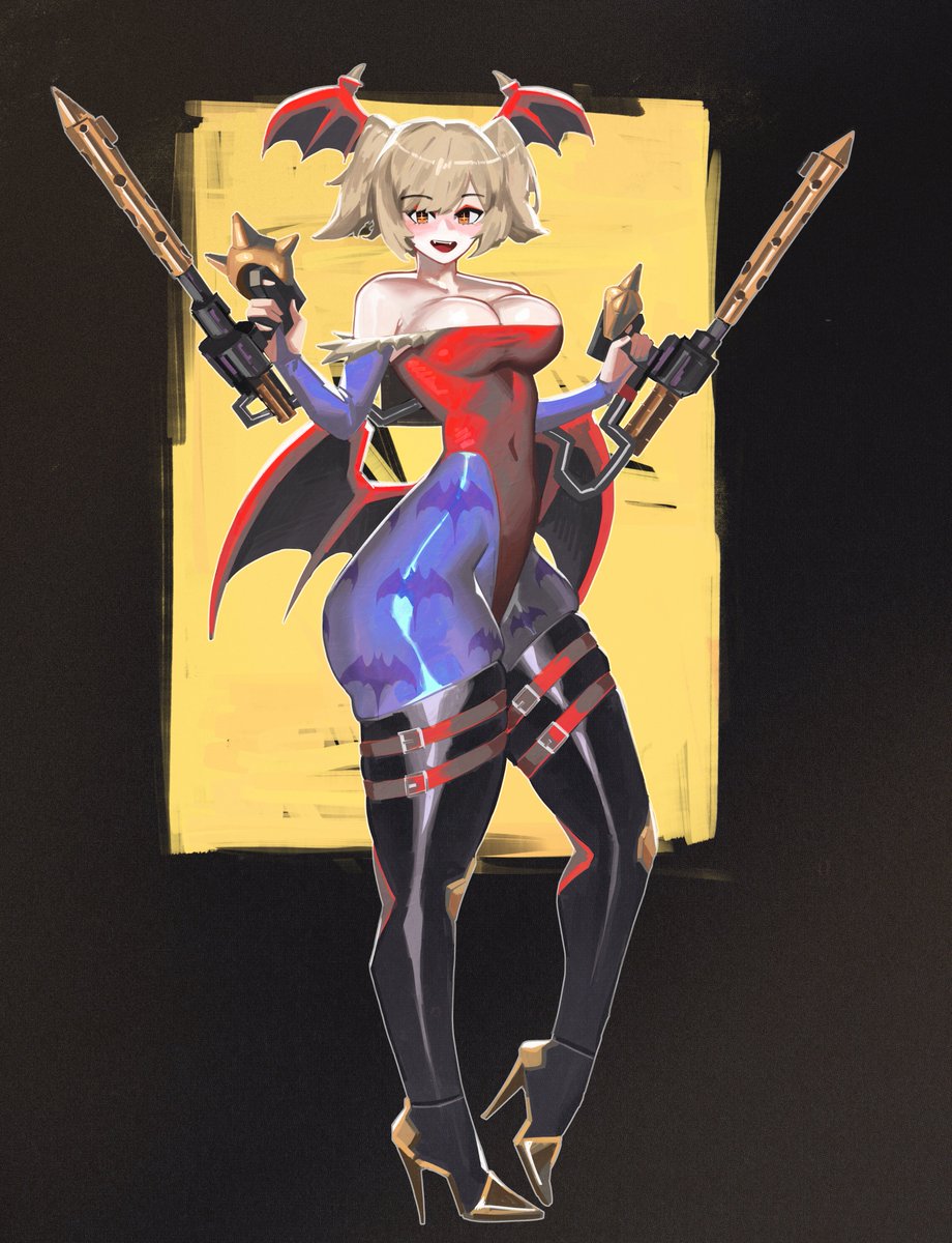 1girls, animal print, ass, bat print, big breasts, blonde hair, breasts, burnice white, cleavage, cosplay, darkstalkers, female, female only, flamethrower, franzilla, halloween, head wings, heels, high heels, large breasts, leotard, lilith aensland (cosplay), orange eyes, red leotard, smile, twintails, wings, zenless zone zero