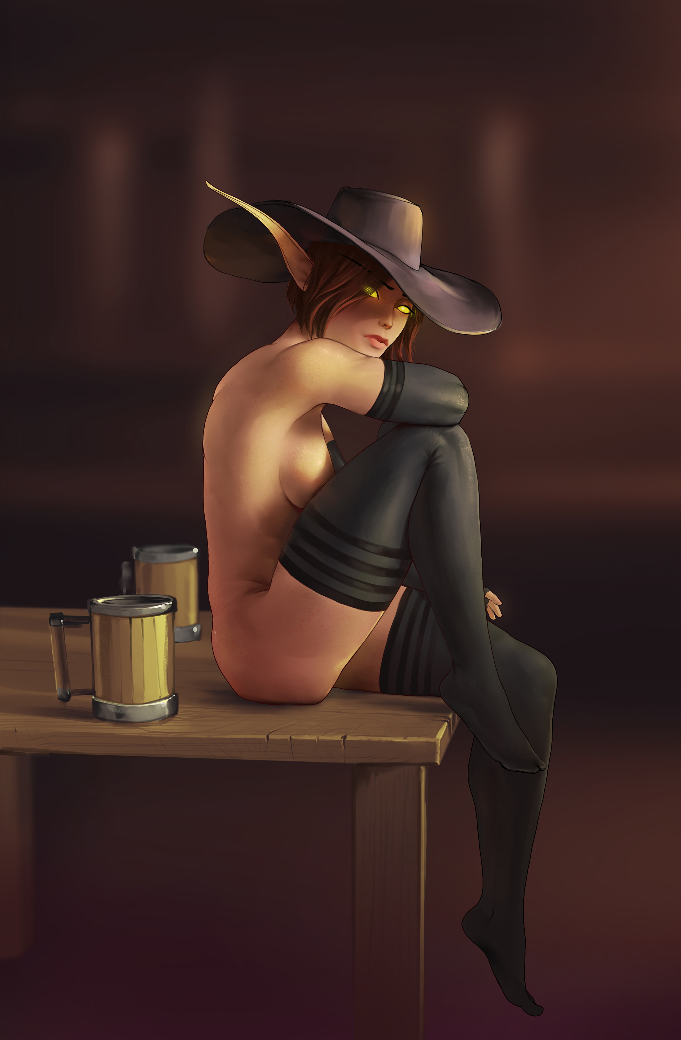 1girls, ass, blood elf, breasts, elf, executephase, female, hat, lillaeana emberfall, solo, thighs, warcraft, world of warcraft, wow