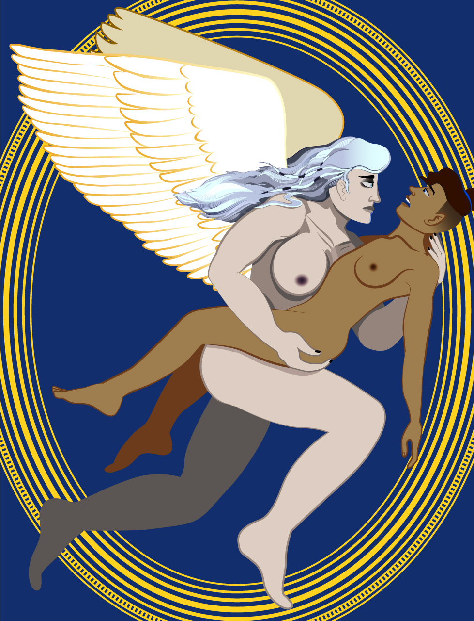 2girls aasimar angel angel_wings barbarian beauregard_lionett braids brown_hair carrying critical_role critical_role:_the_mighty_nein dark_skin dungeons_and_dragons flying holding human lilmonstah monk multiple_girls muscular_female naked nude pale_skin tan_skin white_hair yasha yasha_nydoorin yuri