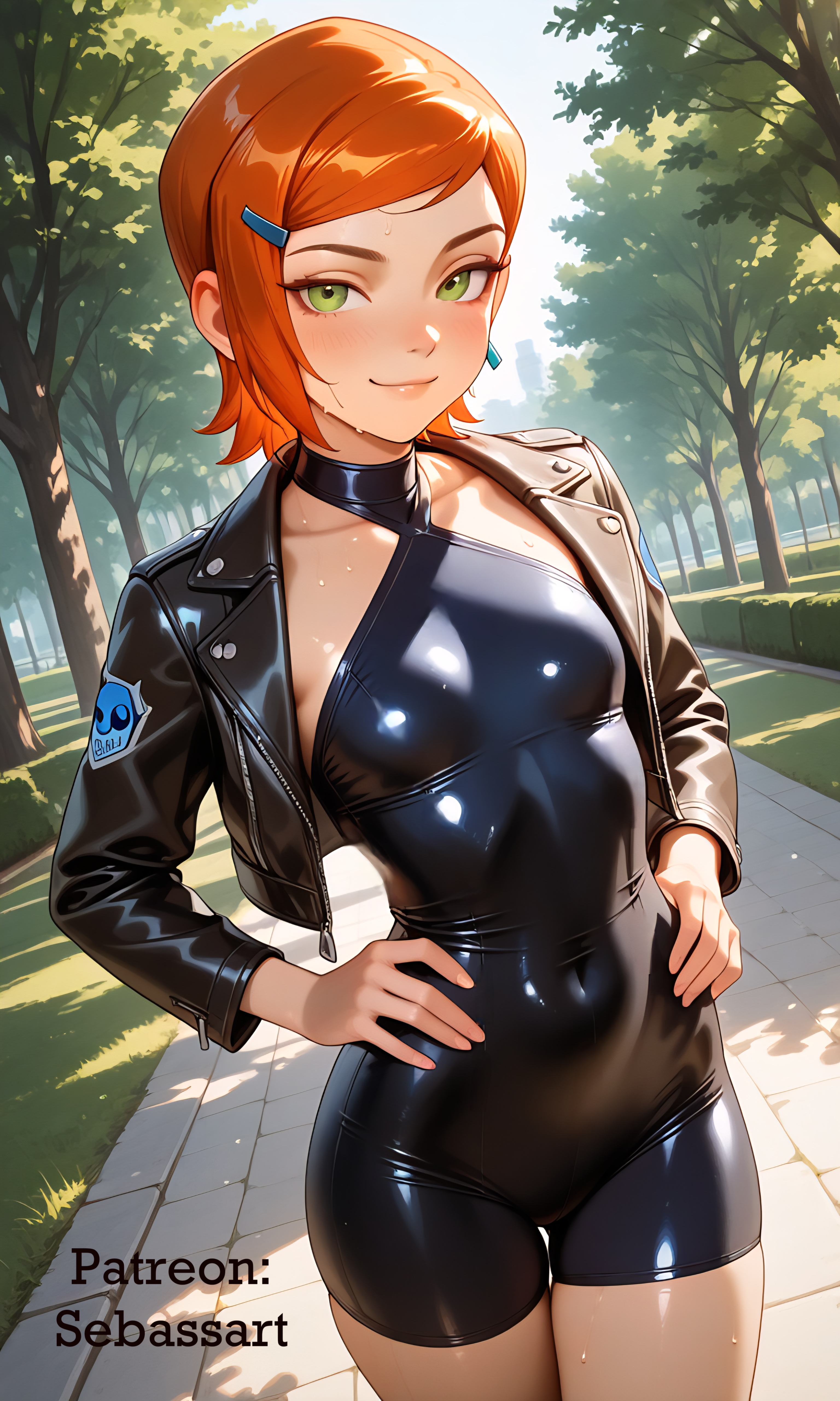 1girls, aged up, ai generated, ben 10, bodysuit, female, female only, green eyes, gwen tennyson, mature female, paid reward available, patreon, petite, petite body, red hair, sebassart, solo, spandex, sweat, thick thighs, thin waist, tight clothing, tight fit, unitard
