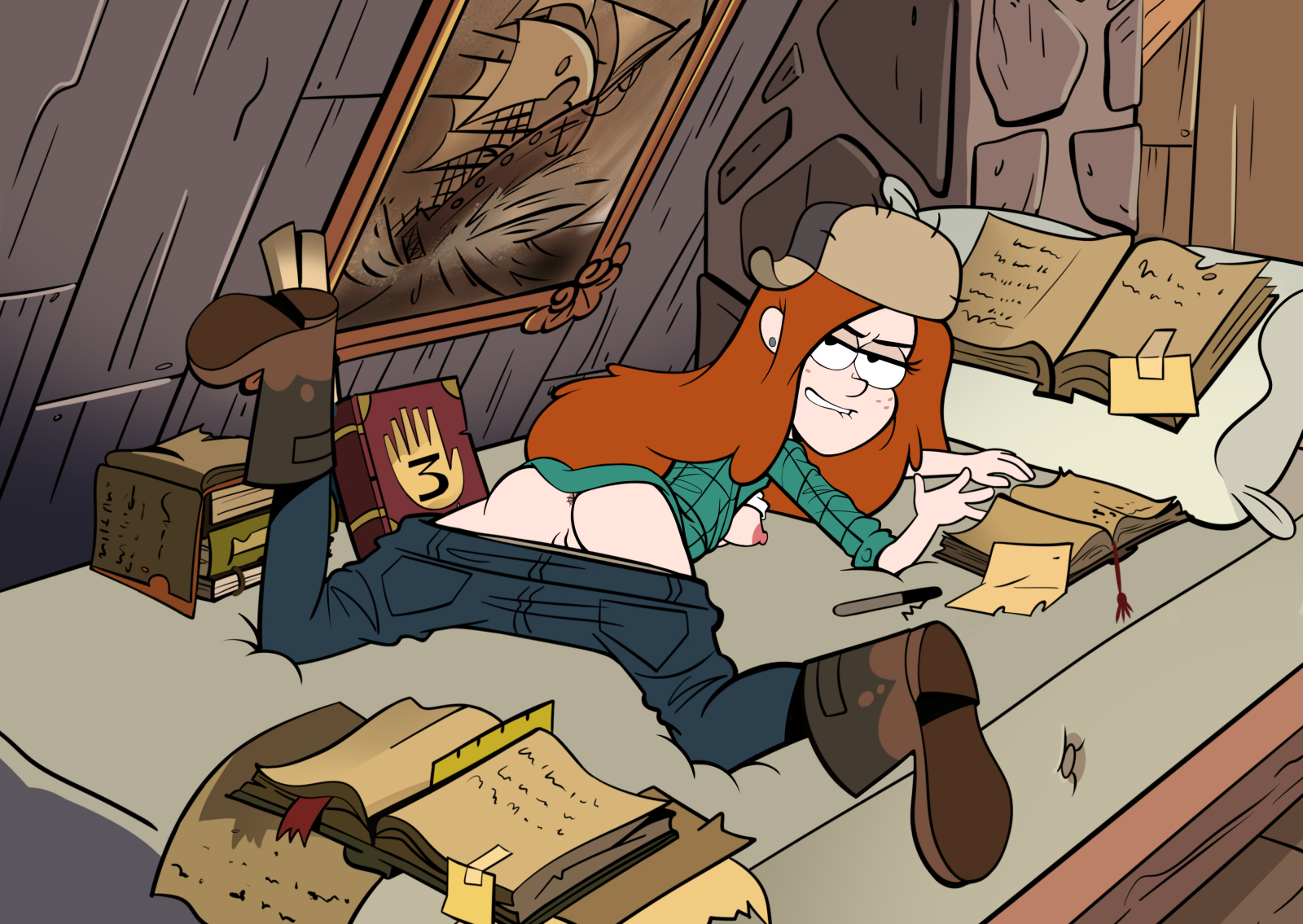1girls, anus, ass, ass up, biting lip, breasts, breasts out, clothed, disney, disney channel, disney xd, exposed anus, exposed nipples, exposed pussy, female, female focus, female only, freckles, ginger, ginger hair, gravity falls, looking at viewer, lying on side, mistermultiverse, nipples, on bed, orange hair, pants around legs, pants down, presenting, pussy, redhead, seducing, seductive, seductive eyes, seductive look, seductive smile, shirt lift, sideboob, spread legs, straight hair, vagina, wendy corduroy