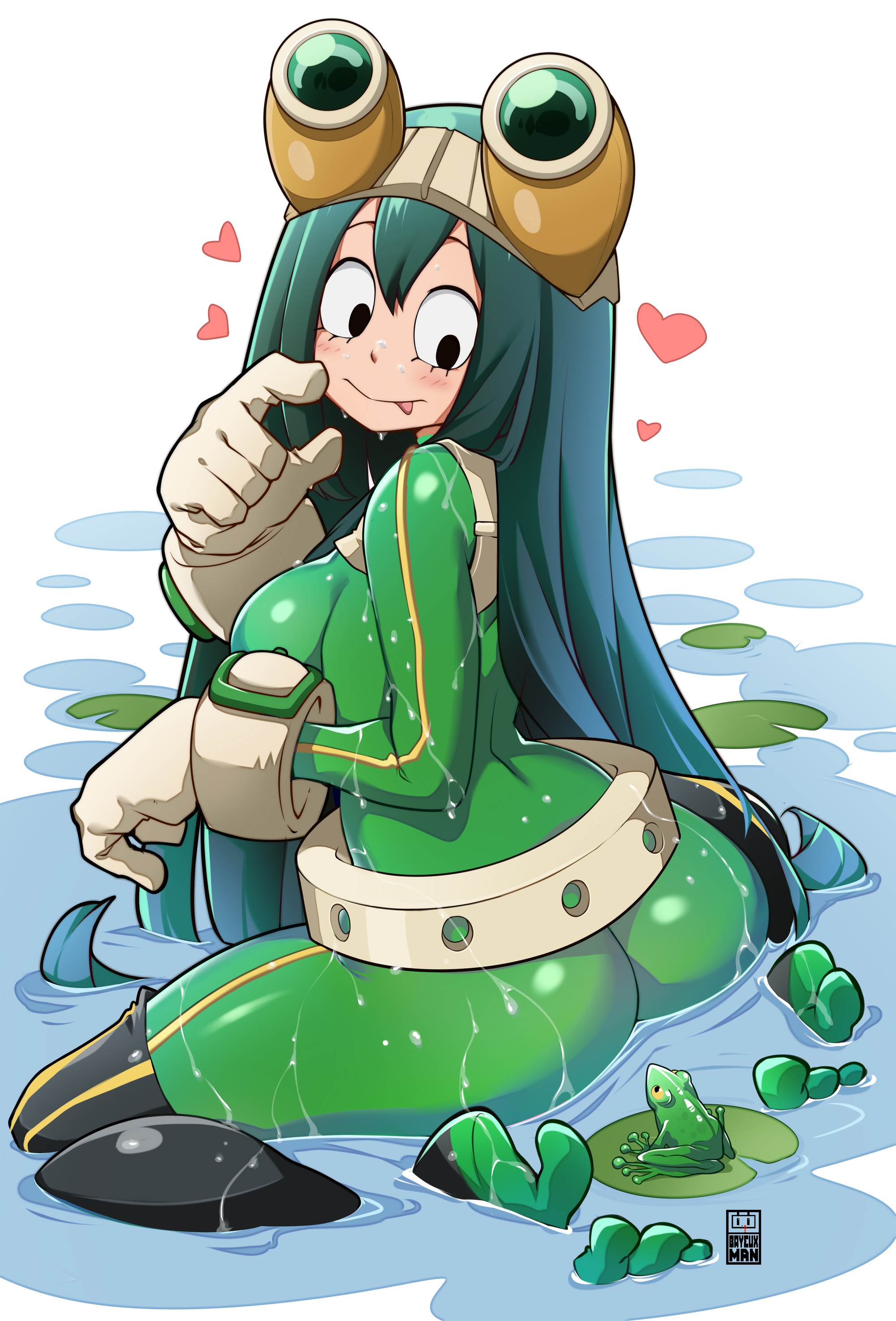 1girls, alternate version available, ass, bayeuxman, belt, big thighs, black eyes, blush, bodysuit, breasts, closed mouth, dark green hair, dark hair, eyebrows, fat thighs, female, female focus, female only, frog girl, gloves, green hair, green-haired female, hair, hair between eyes, hair over shoulder, hat, hero outfit (mha), in water, legs, long hair, looking at viewer, looking back, medium breasts, my hero academia, simple background, smile, smiling, solo, solo female, solo focus, superheroine, thick thighs, thighs, tongue, tongue out, tsuyu asui, very long hair, water