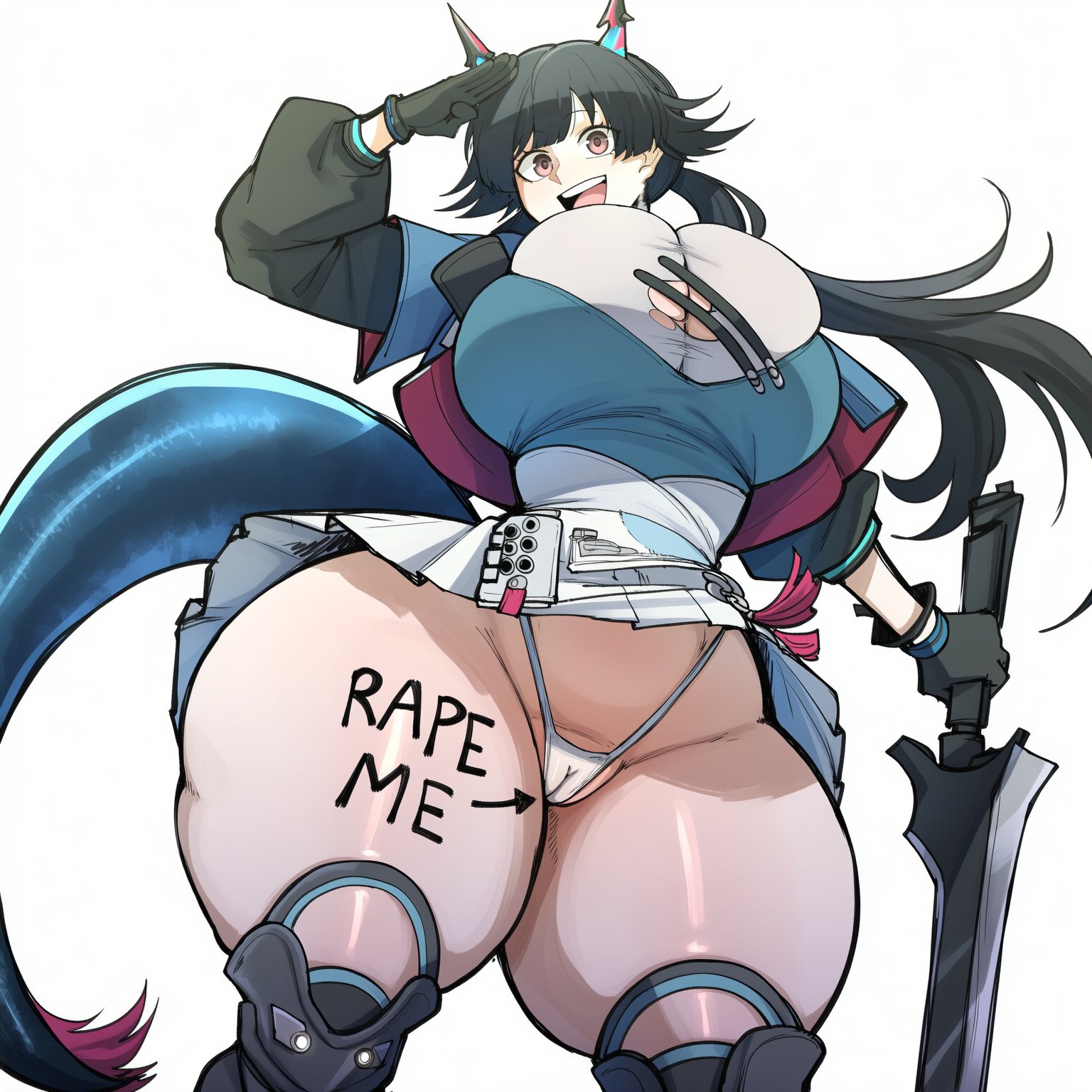 1girls, ai generated, arknights, arknights: endfield, ass bigger than head, big ass, big breasts, black hair, body writing, bottom heavy, bottomwear, cameltoe, chen qianyu (arknights: endfield), defeated, defeated heroine, english text, female, from below, gloves, happy, heroine, huge ass, huge breasts, large breasts, light skin, light-skinned female, long hair, looking back, miniskirt, open mouth, plump labia, pussy, rape me, rape slave, raped female, salute, saluting, simple background, smile, smiling, solo, solo focus, stockings, sword, tail, text, thick thighs, thong, thunder thighs, tight clothing, top heavy, twintails, venus body, voluptuous female, vulva, vyakarana27, wants to be raped, weapon, wide hips