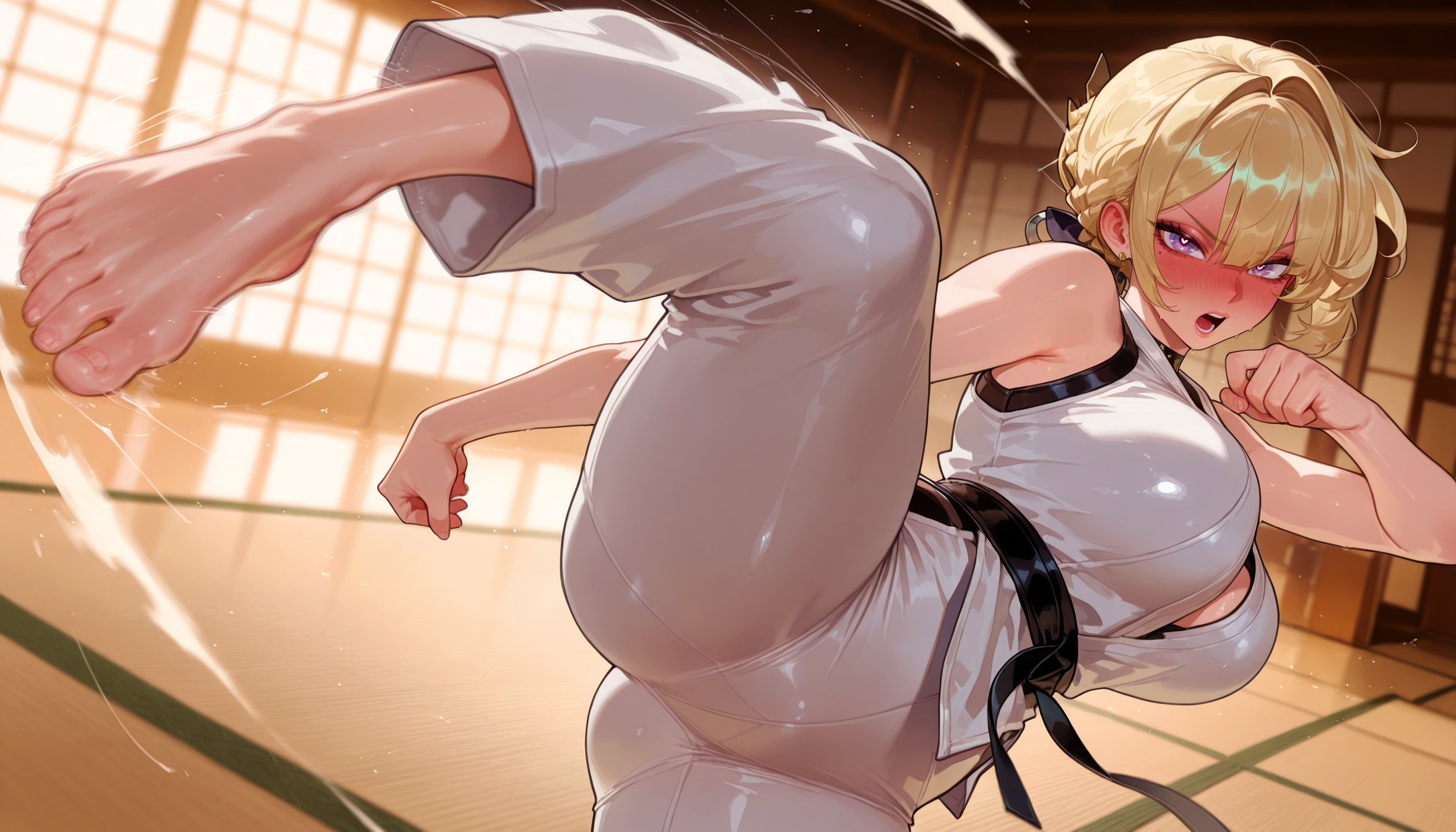 1girls, ai generated, balecxi, bangs, bare shoulders, barefoot, belt, black belt, blonde hair, blush, braid, breasts, clothing, curvaceous, curvaceous female, curvaceous figure, curvy, curvy figure, dougi, evelyn chevalier, feet, female, female focus, female only, fighting stance, hair intakes, high kick, indoors, karate gi, kicking, large breasts, leg up, looking at viewer, martial arts belt, open mouth, pants, purple eyes, short hair, shouji, sleeveless, sliding doors, solo, split, standing, standing on one leg, tatami, teeth, thighs, toenails, toes, v-shaped eyebrows, voluptuous, voluptuous female, white pants, zenless zone zero