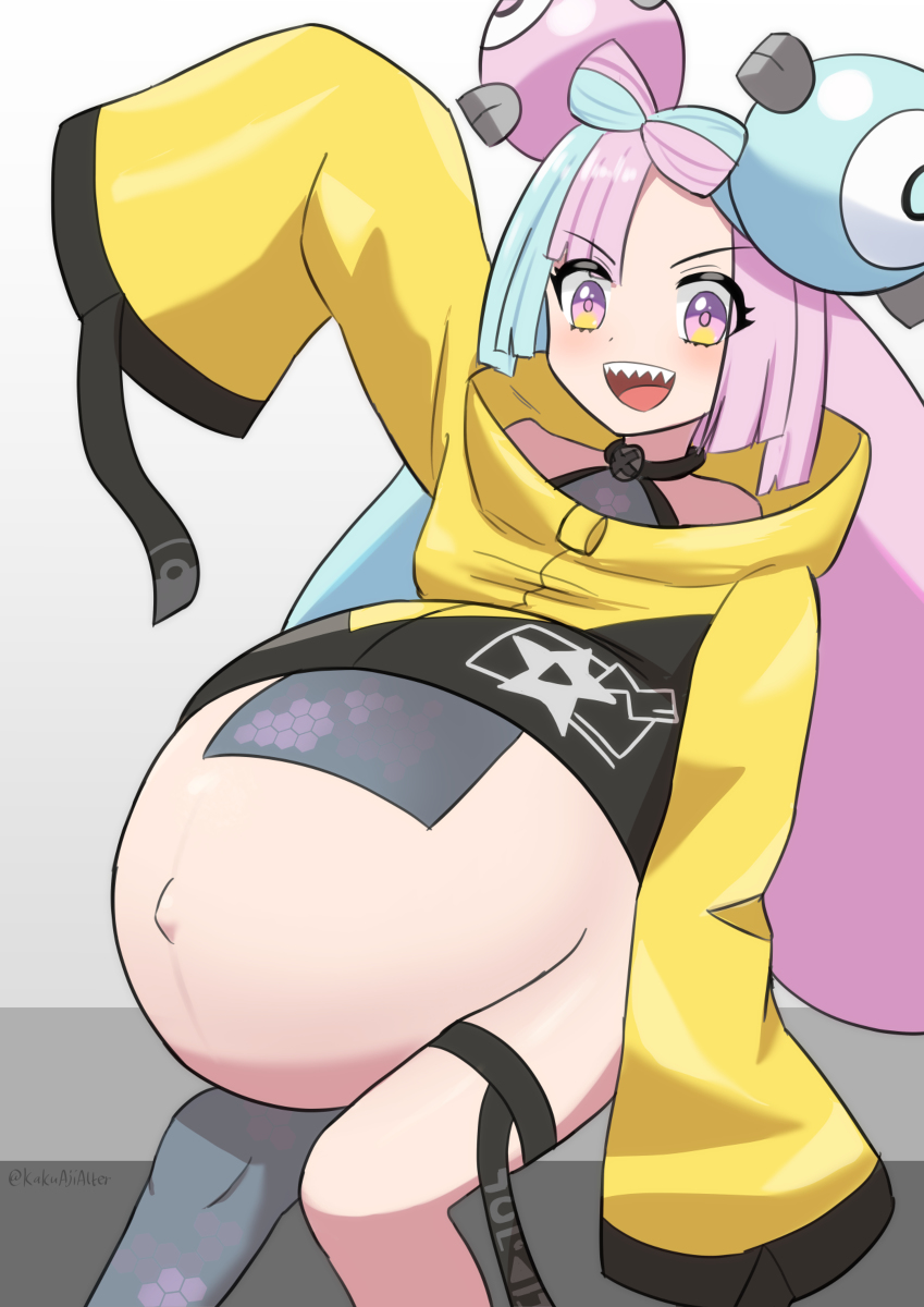 exposed breasts, exposed pregnant belly, gym leader, heavily pregnant, iono (pokemon), multicolored hair, pokemon, pokemon sv, pregnant, pregnant belly, pregnant female, skinny legs, streamer, super belly, thin thighs, waving, waving at viewer