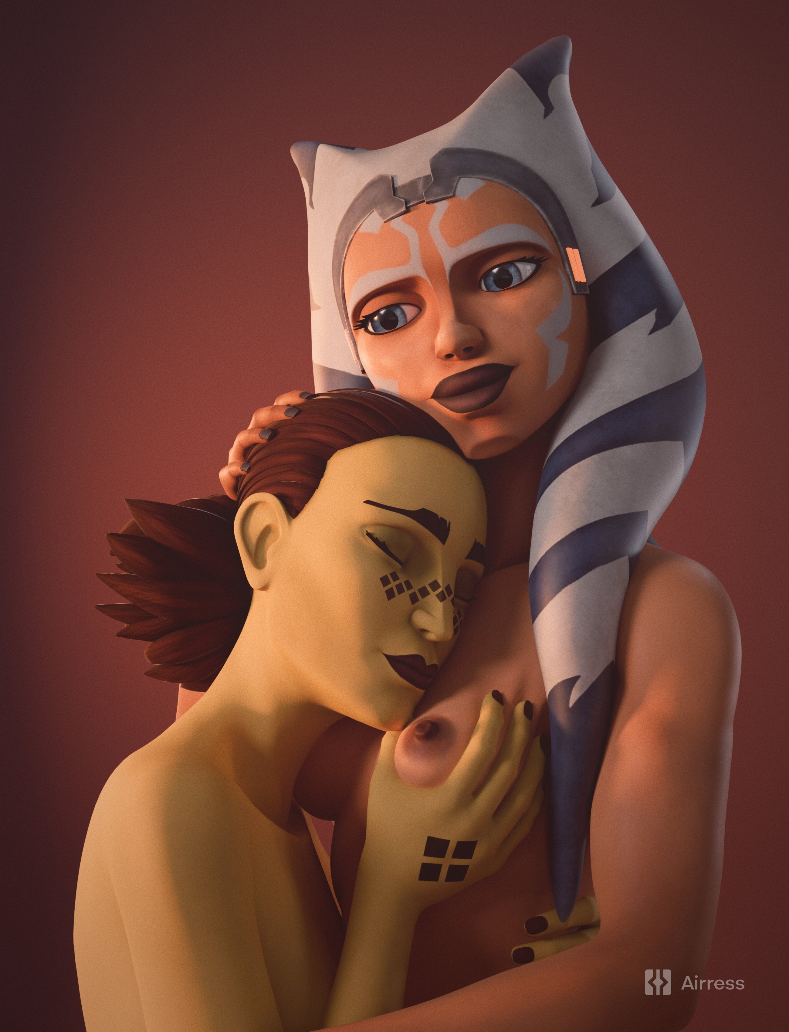 2026, 2girls, 3d, 3d (artwork), ahsoka tano, airress3d, airress3d (3d-modeller), alien, alien girl, alien humanoid, areola, areolae, barriss offee, blender, blue eyes, breasts, clone wars, dark areola, dark areolae, face markings, facial markings, female, female focus, female only, green body, green skin, green-skinned female, hi res, high quality, high resolution, highres, lekku, lekku (anatomy), lucasfilm, medium breasts, mirialan, nipples, nude, nude female, orange body, orange skin, orange-skinned female, star wars, the clone wars: season seven, togruta, watermark