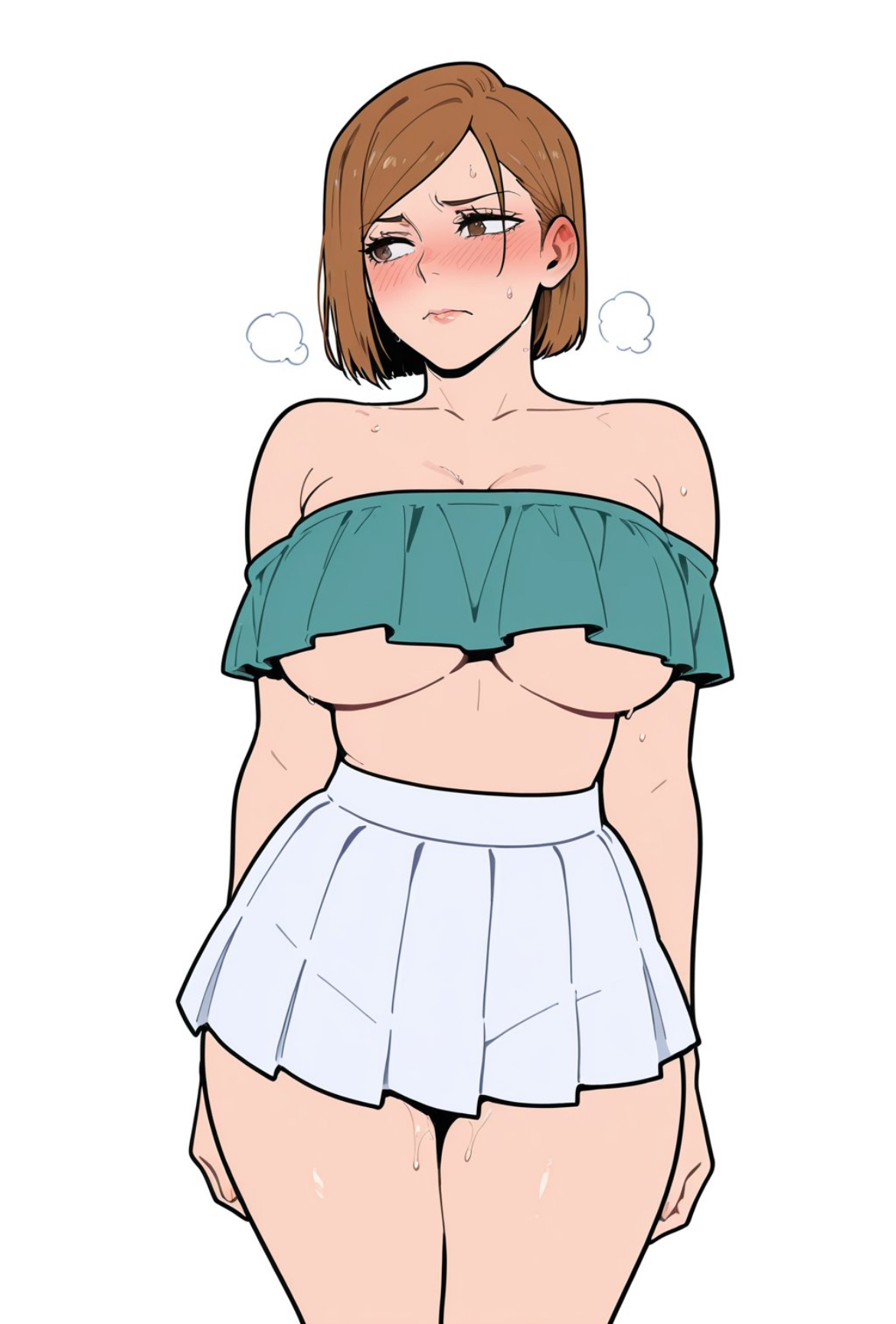 1girls, ai generated, big breasts, blush, bob cut, brown hair, curvy female, embarrassed expression, female, female only, jujutsu kaisen, kawaii waifus, kugisaki nobara, short hair, skirt, solo, thick thighs, topwear, underboob, wide hips