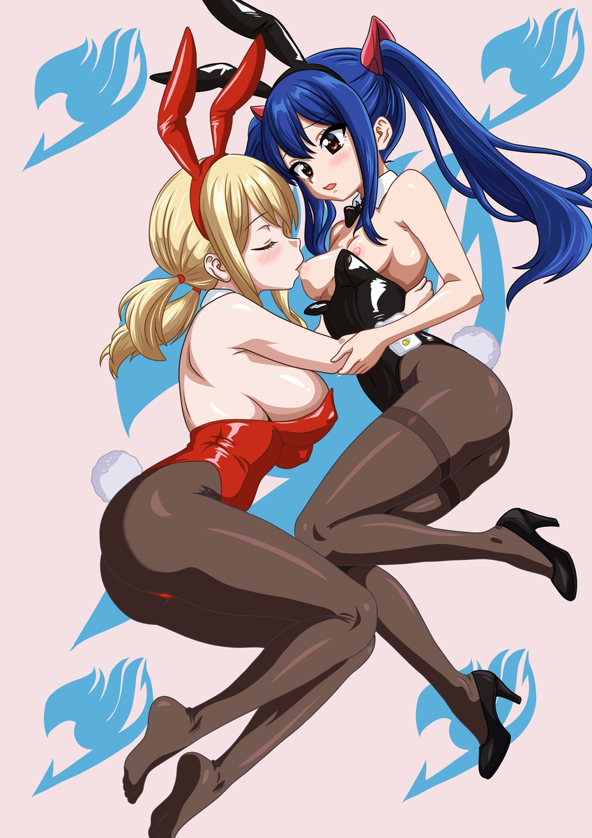 2girls, blonde hair, blonde-haired female, blue hair, blue-haired female, bunnysuit, fairy tail, female, female only, lucy heartfilia, multiple girls, sesshoalex, sucking nipples, tagme, twintails, wendy marvell, yuri