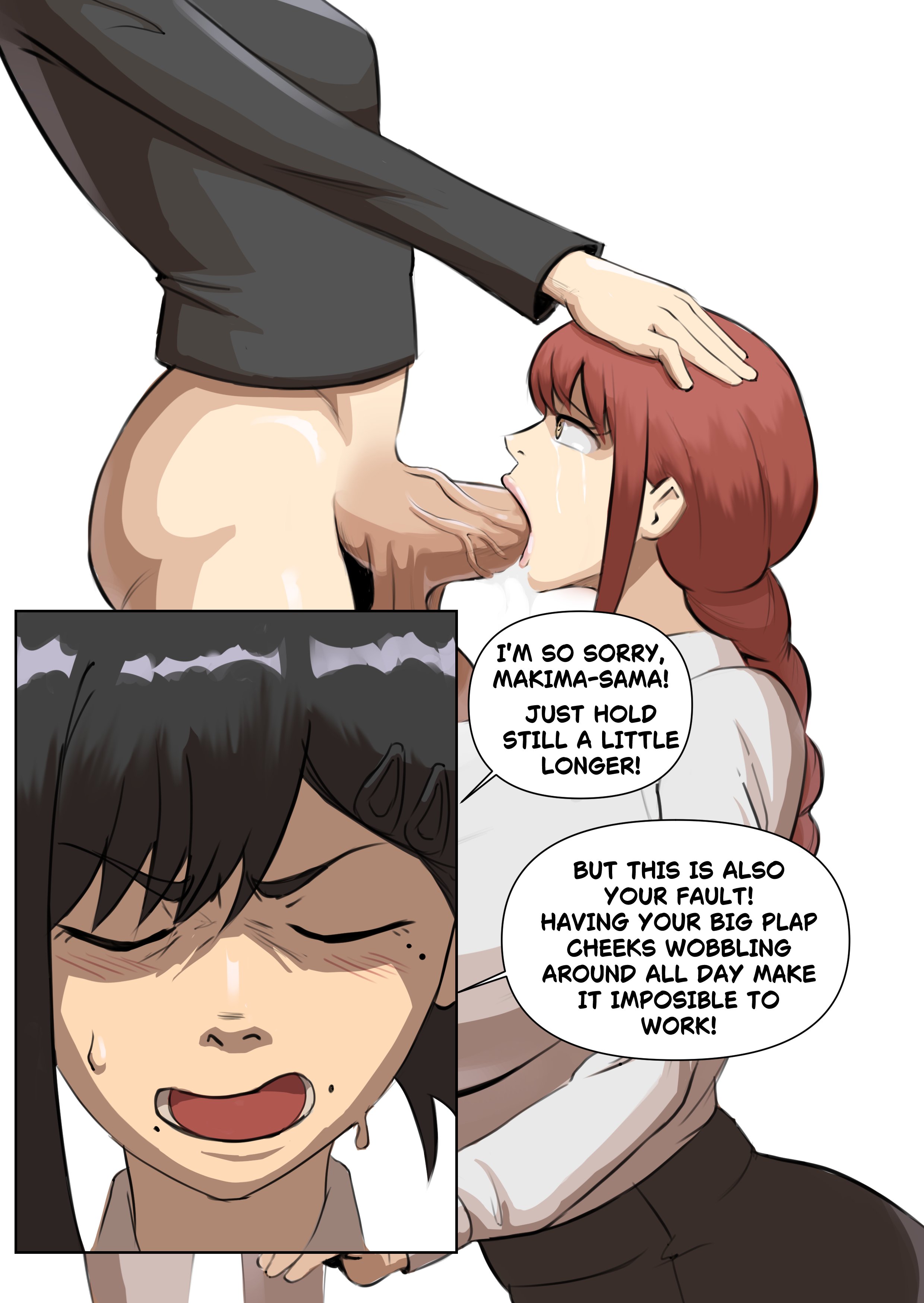 chainsaw man, choking, color, crying, deepthroat, futa on female, futa with female, futadom, futanari, higashiyama kobeni, kobeni higashiyama, makima (chainsaw man), psesflying, text