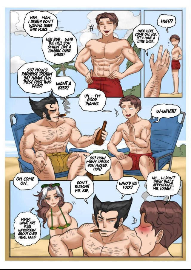 1girls, american male, big ass, big breasts, big butt, big penis, bikini, black hair, brown hair, canadian, female hero, heroine, light-skinned female, light-skinned male, male/female, marvel, muscular male, mutant, nervous, peter parker, rogue (x-men), spider-man, spider-man (series), tora tora, wolverine (x-men), x-men, younger male