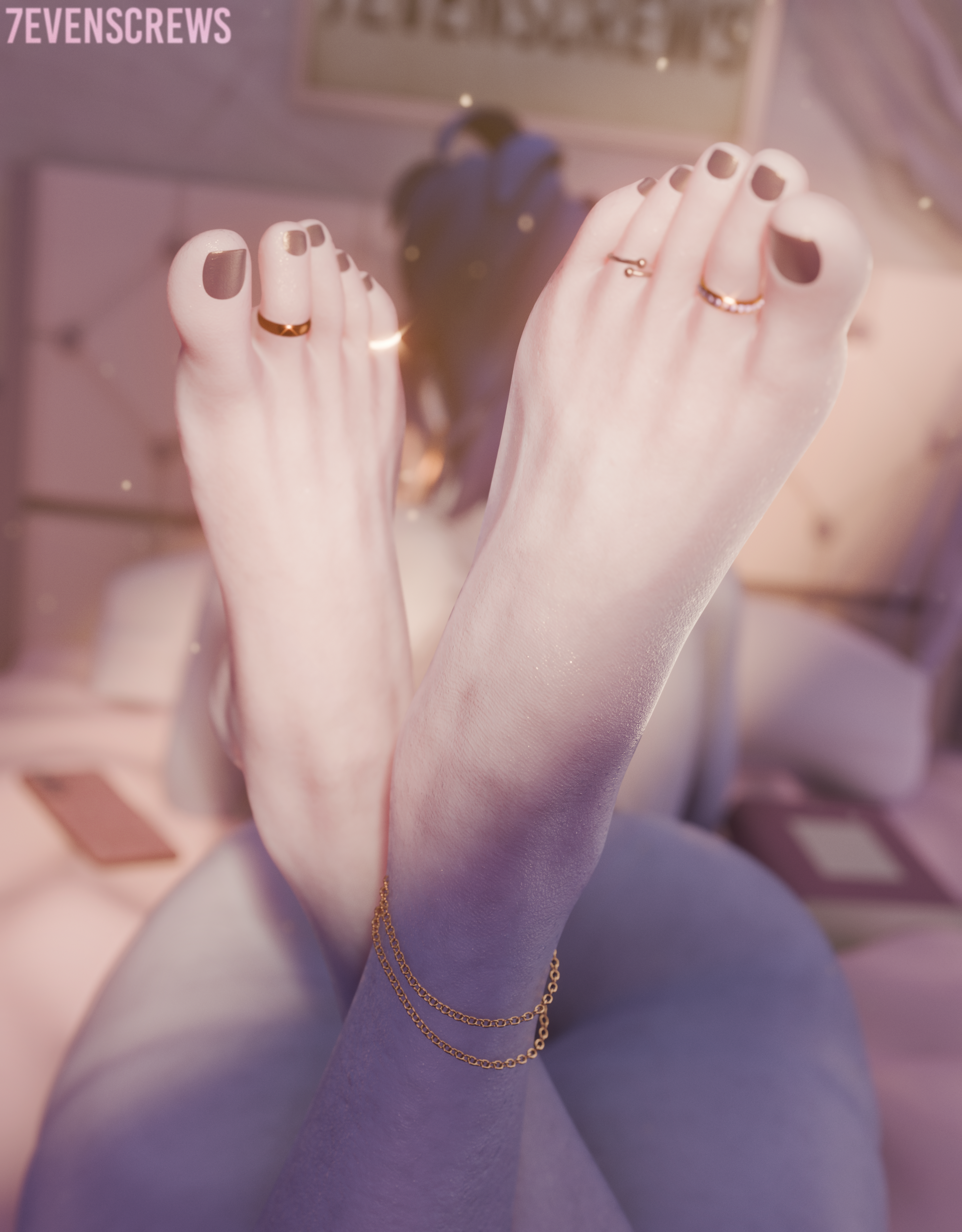 3d, 3d (artwork), 7evenscrews, accessory, anklet, big ass, blue body, blue skin, feet, feet focus, foot fetish, gold jewelry, jewelry, lying, lying on bed, lying on stomach, nyl widowmaker, overwatch, solo, toe ring, toenail polish, toenails, toes, widowmaker
