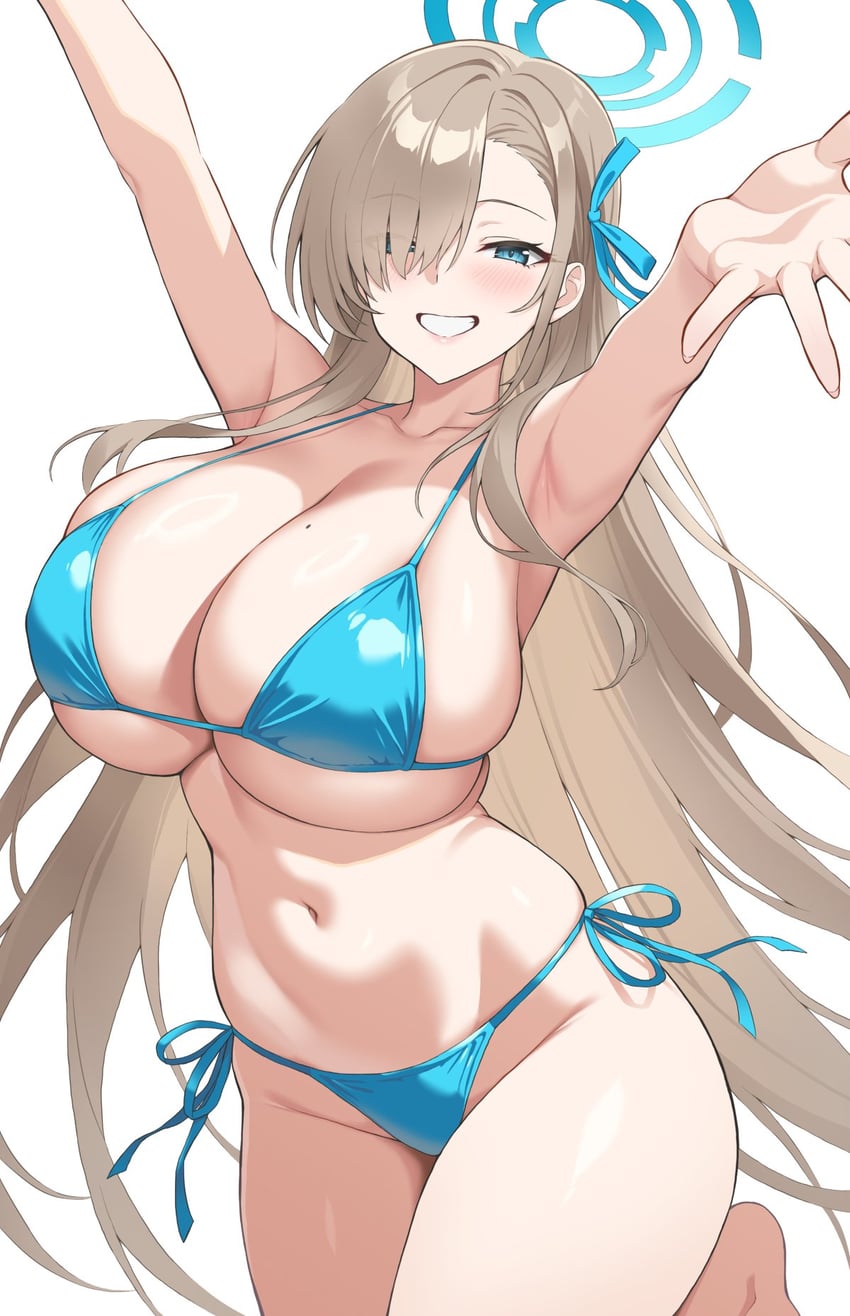 1girls, absurdres, arms up, asuna (blue archive), asuna (bunny) (blue archive), bikini, blonde hair, blue archive, blue bikini, blue eyes, blue halo, blush, breasts, cleavage, halo, highres, huge breasts, large breasts, long hair, looking at viewer, midriff, mole, mole on breast, navel, offering to viewer, sama samasa, simple background, smile, swimsuit, thighs, underboob, very long hair, white background