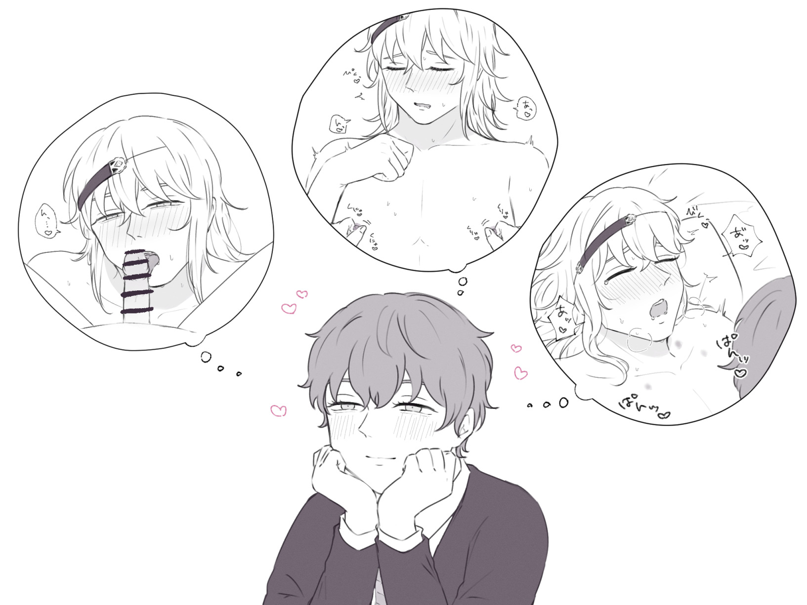 black and white, blush, blush lines, brown hair, closed eyes, cute, daydream, emil (nier), fantasizing, gay, hair ornament, half-closed eyes, imagining, implied anal, implied penetration, implied sex, japanese text, licking penis, looking pleasured, moaning, monochrome, multiple scenes, multiple views, nier, nier (character), nier (series), nier replicant, nipple play, nipples, pleasure face, size difference, sketch, small dom big sub, small penis, small penis adoration, small top big bottom, sucking penis, tongue out, yaoi