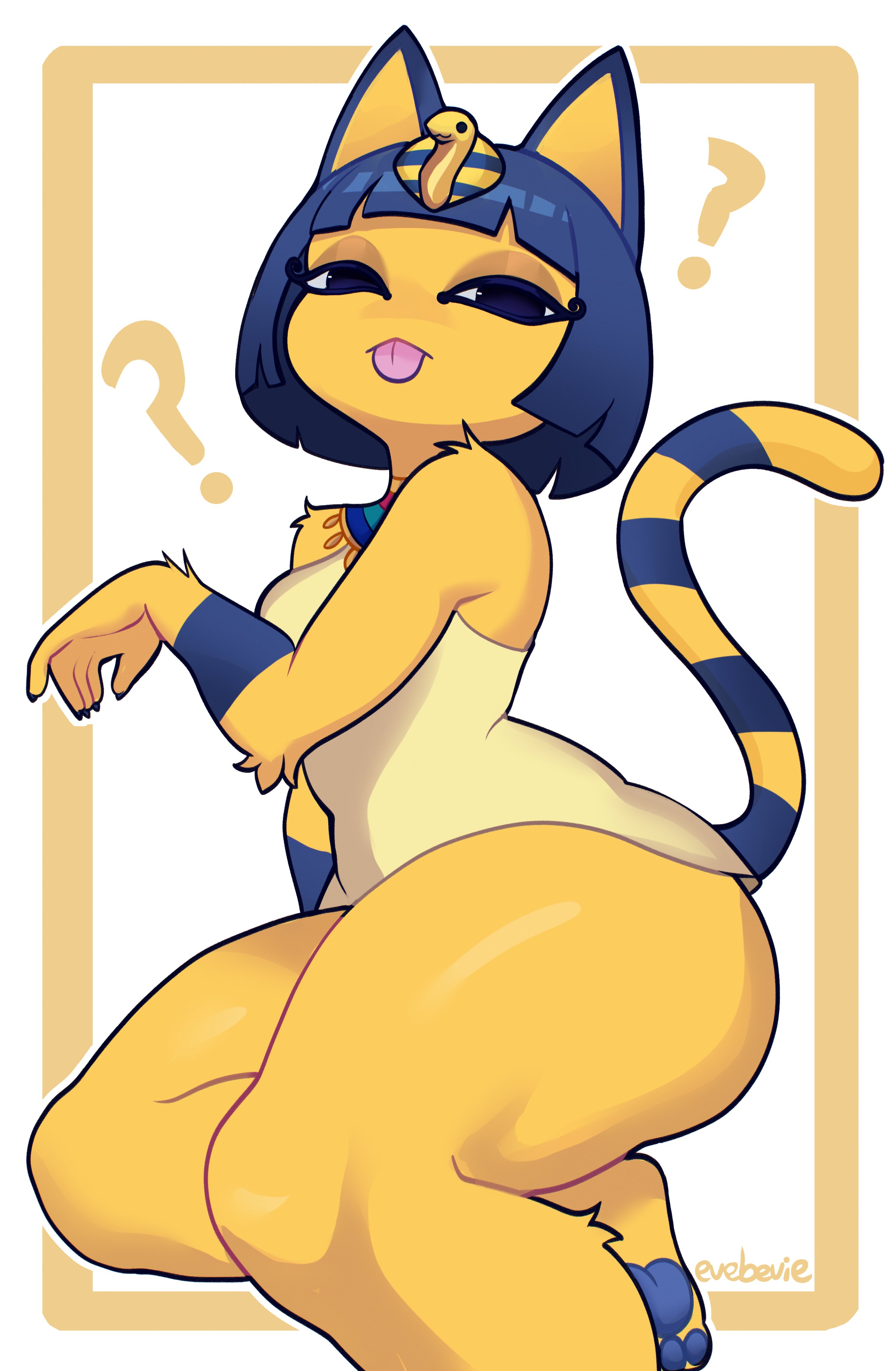 ?, animal crossing, ankha, ass, blue hair, breasts, cat ears, cat girl, cat tail, catgirl, dress, evebevie, female, female only, looking at viewer, short hair, tagme, thick thighs, tongue, tongue out, voluptuous, wide hips, yellow body, yellow fur