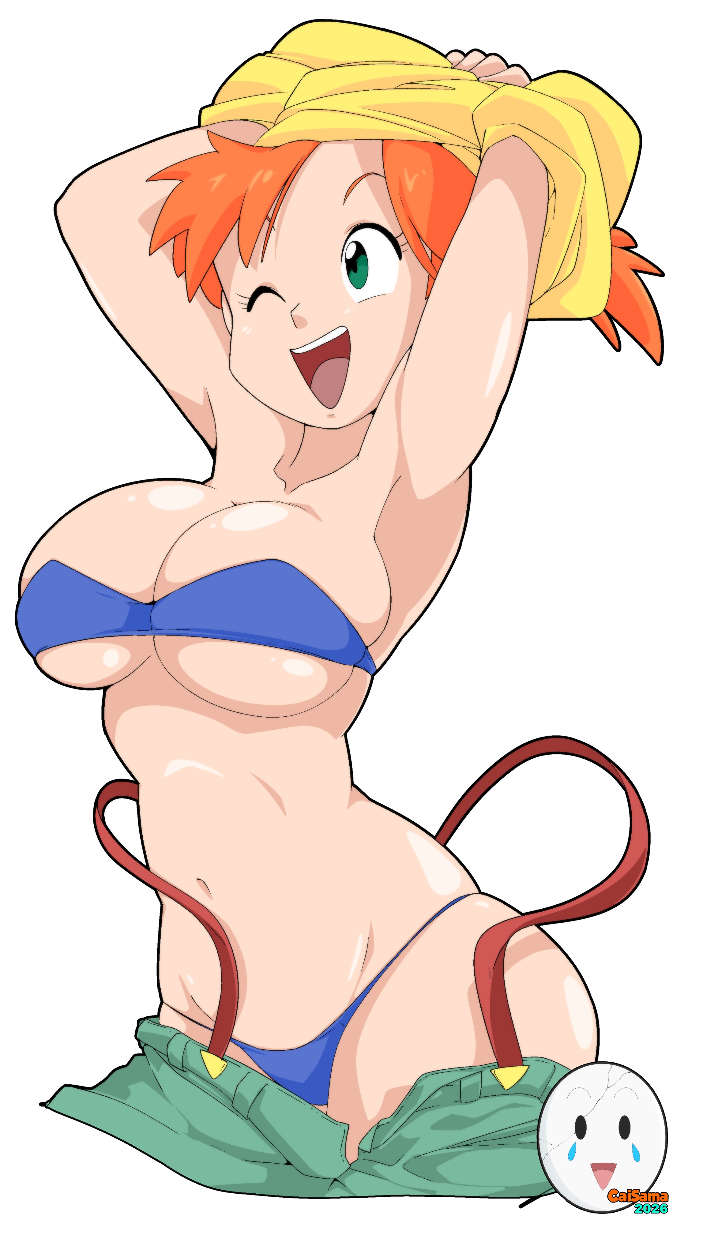 ;d, alternate breast size, aqua shorts, armpits, arms up, bandeau, bikini, bikini under clothes, blue bikini, breasts, caisama, cleavage, clothes lift, clothes pull, cropped legs, female, green eyes, green shorts, kasumi (pokemon), large breasts, navel, one eye closed, open mouth, orange hair, pokemon, pokemon (anime), pokemon (classic anime), pokemon rgby, shiny skin, shirt, shirt lift, short hair, shorts, shorts pull, side ponytail, simple background, skindentation, smile, solo, strapless, strapless bikini, suspenders, swimsuit, transparent background, underboob, undressing, unzipped, white background, yellow shirt