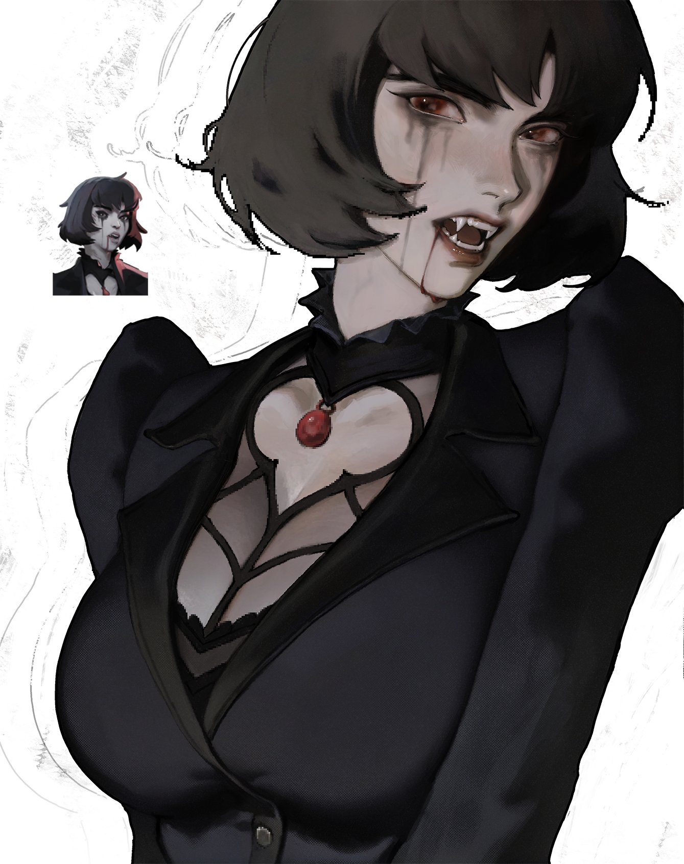 blood, bob cut, cleavage, deadlock, emo, female, female only, goth, gothic, lapefamm, mina (deadlock), mina ha, nsfw version available, open mouth, red eyes, runny makeup, runny mascara, sfw, short hair, vampire, vampire girl, vampire teeth