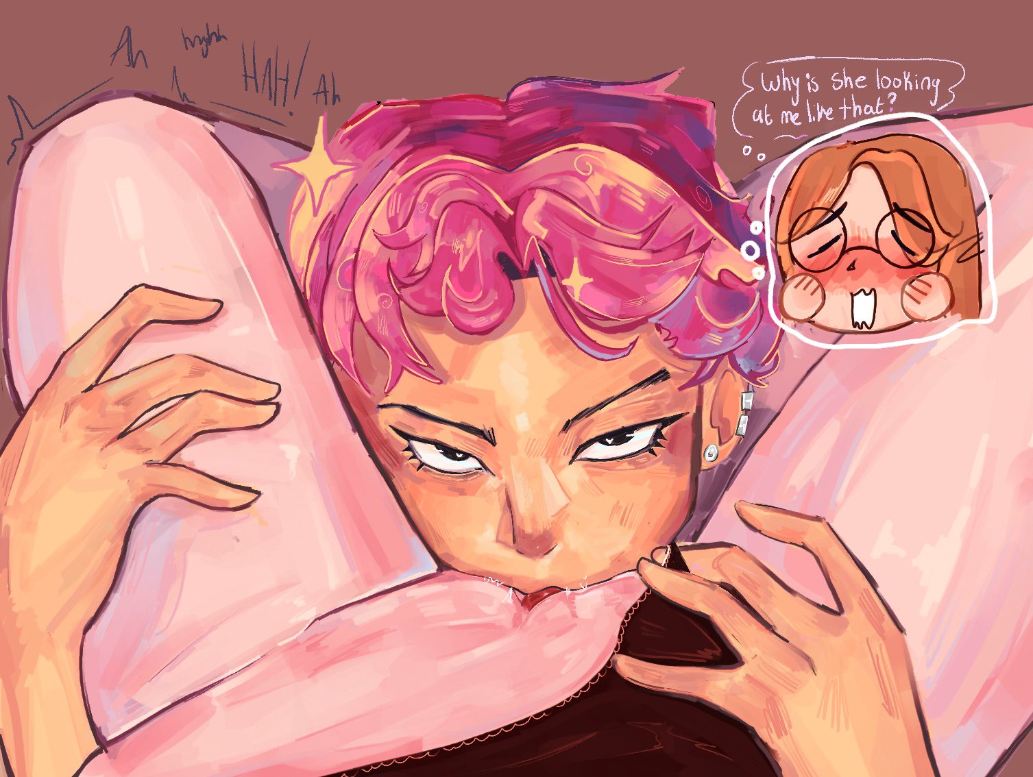 blush, cunnilingus, cupidpods, devouring pussy, ear piercing, english text, female pov, gangle (the amazing digital circus), gijinka, humanized, light skin, light-skinned female, looking at viewer, moaning, orange hair, panties aside, piercing, pink hair, pov, pussy, round glasses, shaved pussy, short hair, simple background, sparkles, tan skin, tan-skinned female, text, the amazing digital circus, thought bubble, underwear, vagina, yuri, zooble (the amazing digital circus)