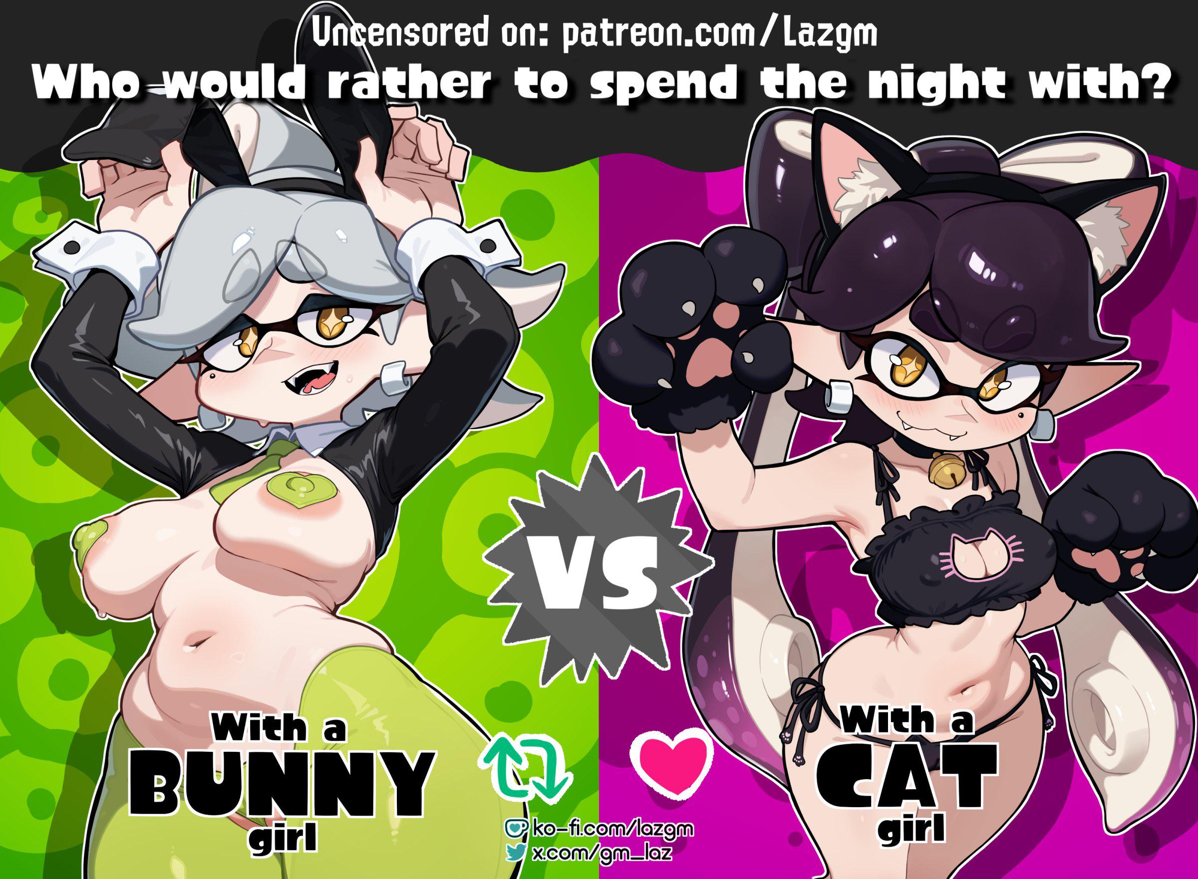 2girls, areolae, big breasts, bunny ears, callie (splatoon), cephalopod, cephalopod humanoid, competition, english, english text, female, female only, gm laz, inkling, inkling girl, laz gm, light skin, light-skinned female, marie (splatoon), nintendo, nipple bulge, nipples, pseudo hair, reverse bunnysuit, splatfest, splatoon, splatoon (series), squid sisters, tagme, take your pick, text