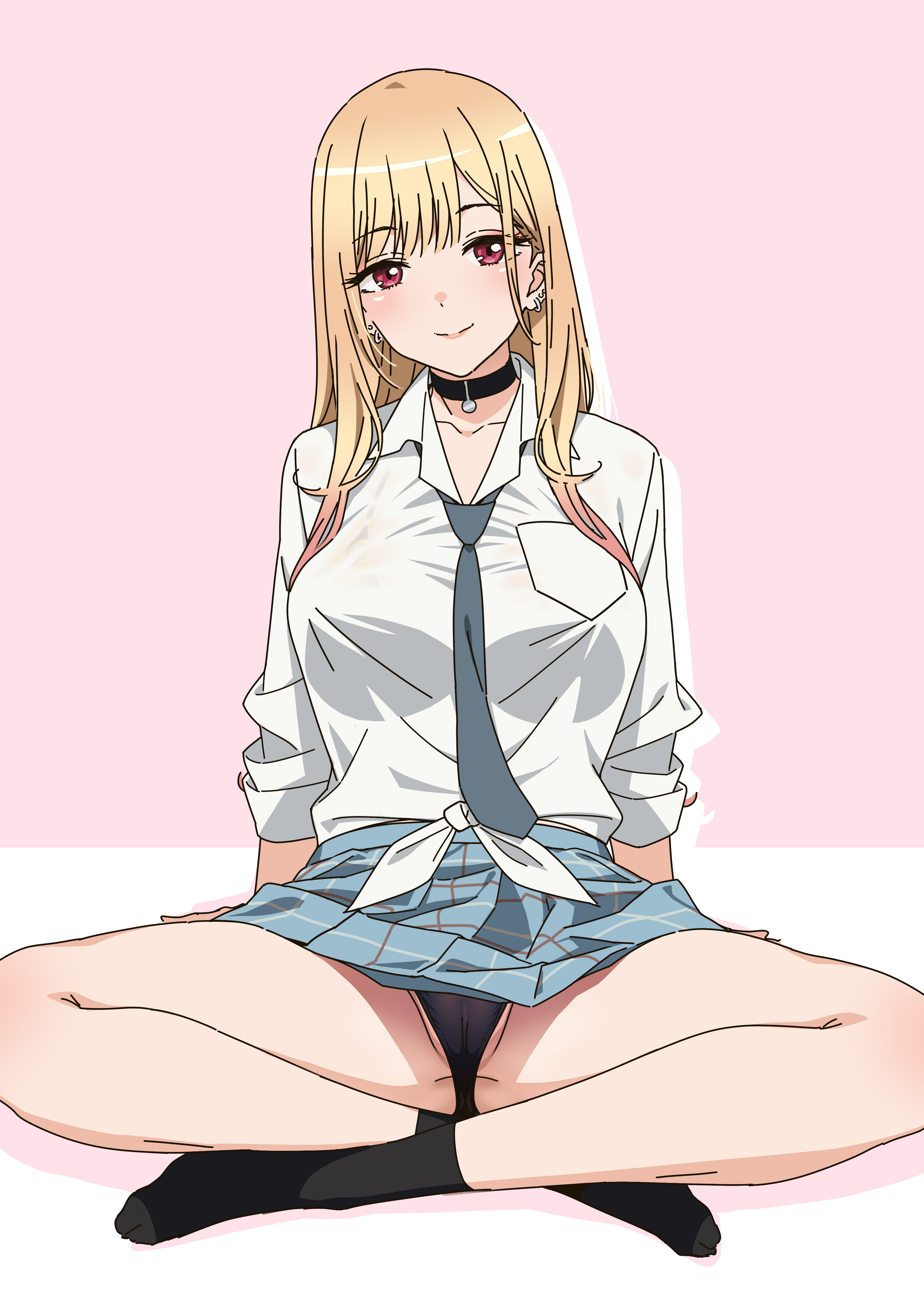 1girls, alternate version available, black panties, blonde, blonde female, blonde hair, blonde hair female, blonde-haired female, female, kitagawa marin, long hair, long hair female, ogre (illustogre), panties, pink eyebrows, pink eyes, school uniform, schoolgirl, schoolgirl uniform, sitting, skirt, sono bisque doll wa koi wo suru, spread legs, spreading, thick thighs, thighs, woman