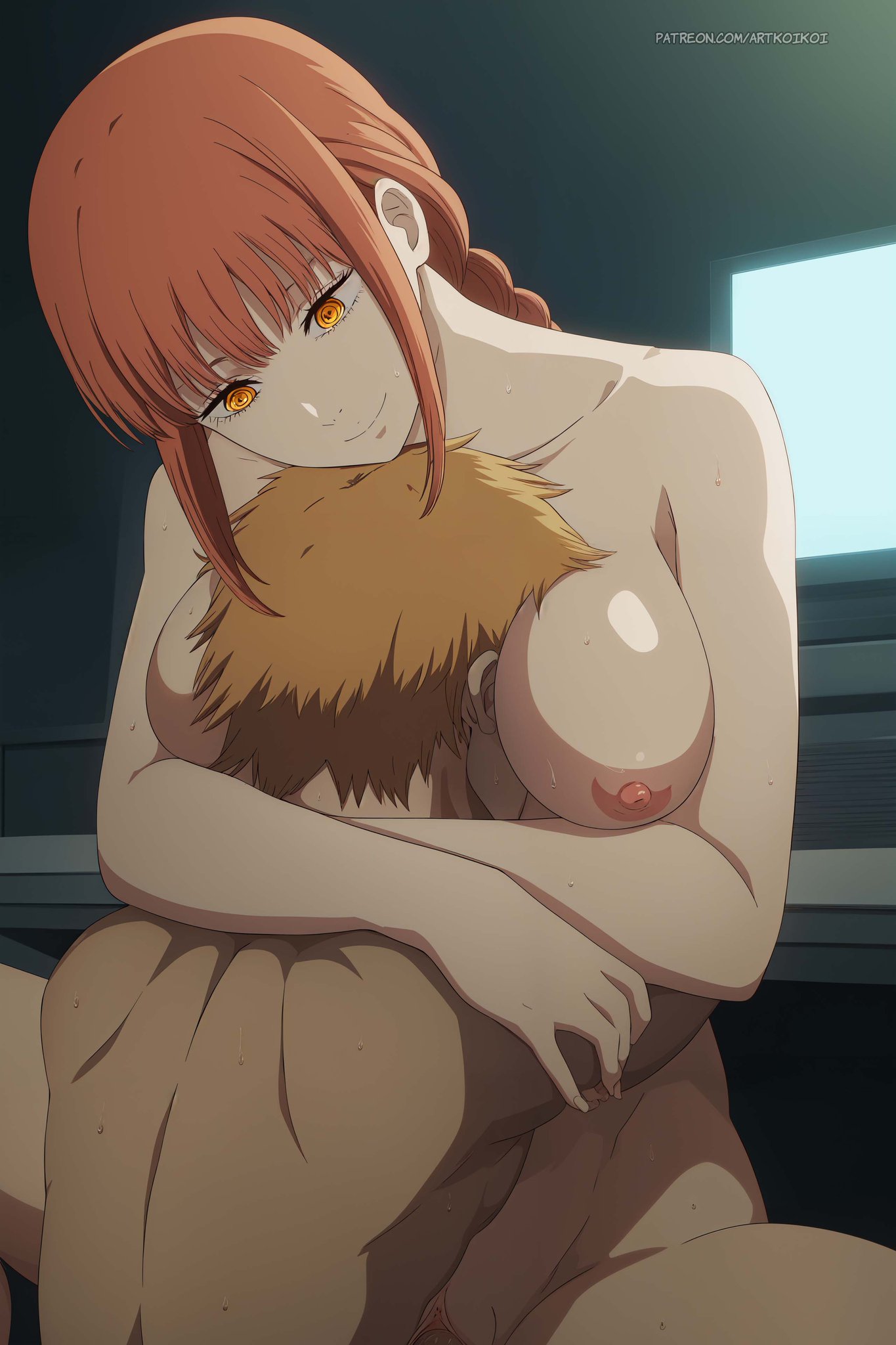1boy, 1girls, ai generated, breast smother, chainsaw man, comforting, completely nude, cowgirl position, denji (chainsaw man), head between breasts, hugging each other, hugging while having sex, koikoi, makima (chainsaw man), smiling