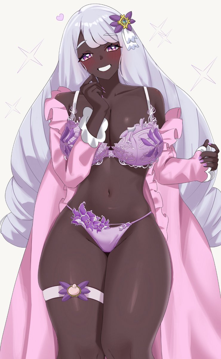 blush, jacinthe (pokemon), large breasts, lingerie, open shirt, pink shirt, pokemon, pokemon legends: z-a, smile, thick thighs, wide hips, ybpac18, yobi (ybpac18), yukari (pokemon)