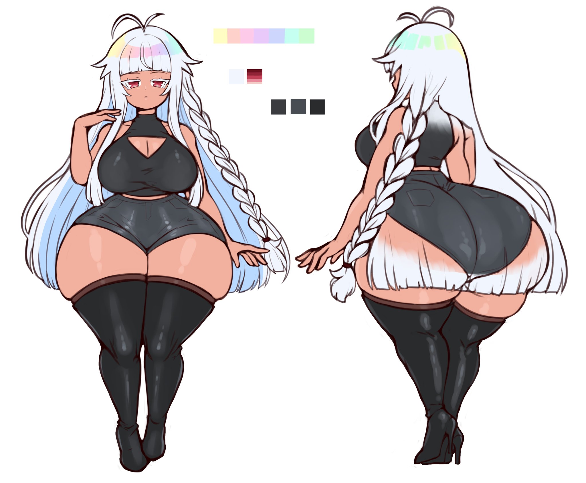 alter minari (jojoniumart), ass, big ass, big breasts, big butt, bottom heavy, breasts, bubble ass, bubble butt, curvy, dark skin, dark-skinned female, enormous ass, fat ass, fat butt, female, female only, gigantic ass, gyaru, huge ass, huge butt, jojoniumart, large ass, large breasts, large butt, long hair, looking at viewer, reference sheet, thick, thick ass, thick thighs, thighhighs, white hair, wide hips