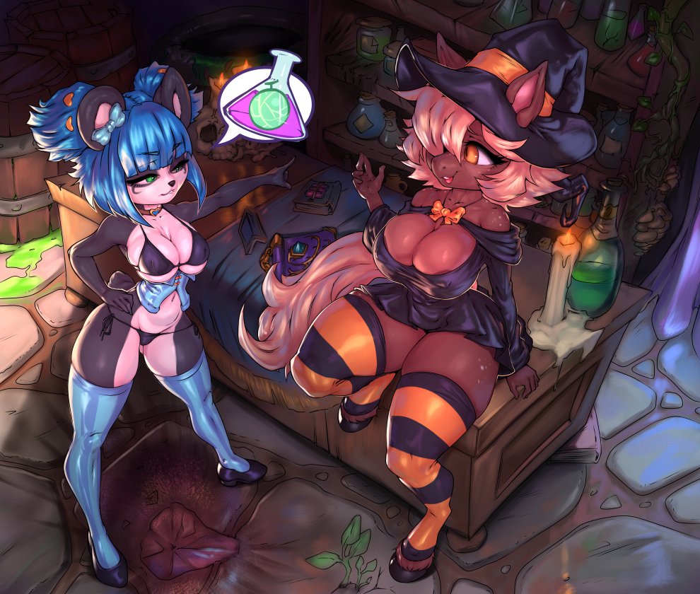 2girls, animal ears, anthro, areola slip, bare shoulders, bear, bear ears, bear tail, bikini, black fur, black nose, blonde hair, blue hair, blue thighhighs, brown fur, choker, cleavage, clothing, corset, detailed background, dress, ear ribbon, equine, erect nipples under clothes, female, female only, furry tail, green eyes, hair over one eye, hooves, horse, horse ears, horse tail, medium hair, narrowed eyes, nuwa nightstone, orange eyes, original, panda, ribbon, shoes, shop, sitting, sitting on table, small tail, striped thighhighs, tail, text bubble, thefuckingdevil, thick thighs, thigh squish, thighhighs, ursid, white fur, witch hat