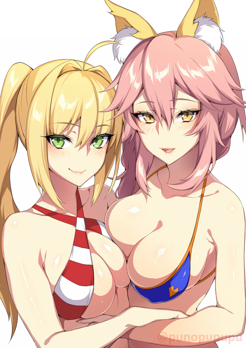 blonde_hair fate/extra fate_(series) green_eyes horny large_breasts long_hair multiple_girls nero_claudius_(fate) nero_claudius_(swimsuit_caster) pink_hair punopupupu swimsuit tagme tamamo_no_mae_(fate) tamamo_no_mae_(swimsuit_lancer) yellow_eyes zeroshiki_kouichi