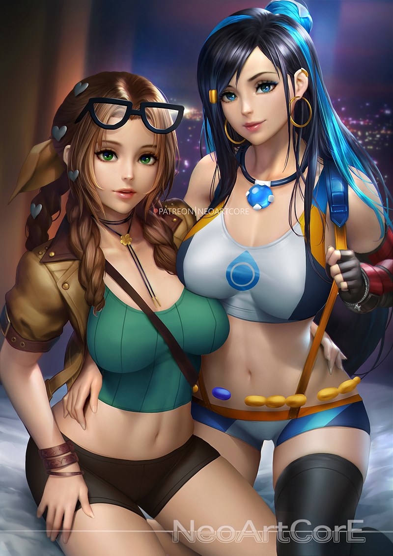 2girls aerith_gainsborough bare_shoulders belly_chain big_breasts blue_eyes blurry_background breasts clothed clothed_female clothes clothing dress ear_piercing earrings female female_only final_fantasy final_fantasy_vii final_fantasy_vii_remake fingerless_gloves fingernails fully_clothed game_freak glasses glasses_on_head gloves green_eyes gym_leader hoop_earrings legwear lips long_hair midriff navel necklace neoartcore nessa_(pokemon) nessa_(pokemon)_(cosplay) nintendo pokemon pokemon_ss skirt sonia_(pokemon) sonia_(pokemon)_(cosplay) square_enix tifa_lockhart watermark wide_hips