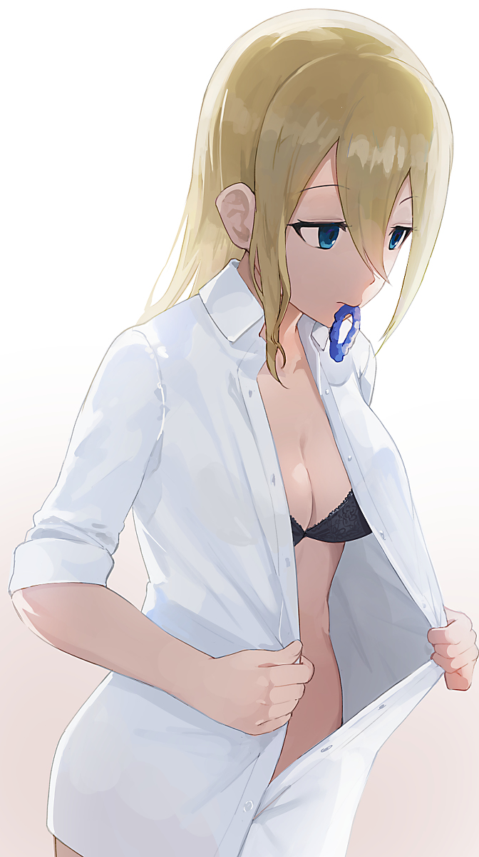 1girls, black bra, blonde hair, breasts, cleavage, eyebrows visible through hair, female, gradient background, hayasaka ai, hiroki yyqw7151, kaguya-sama wa kokurasetai ~tensai-tachi no renai zunousen~, medium breasts, scrunchie, tagme, teal eyes, underwear, undressing