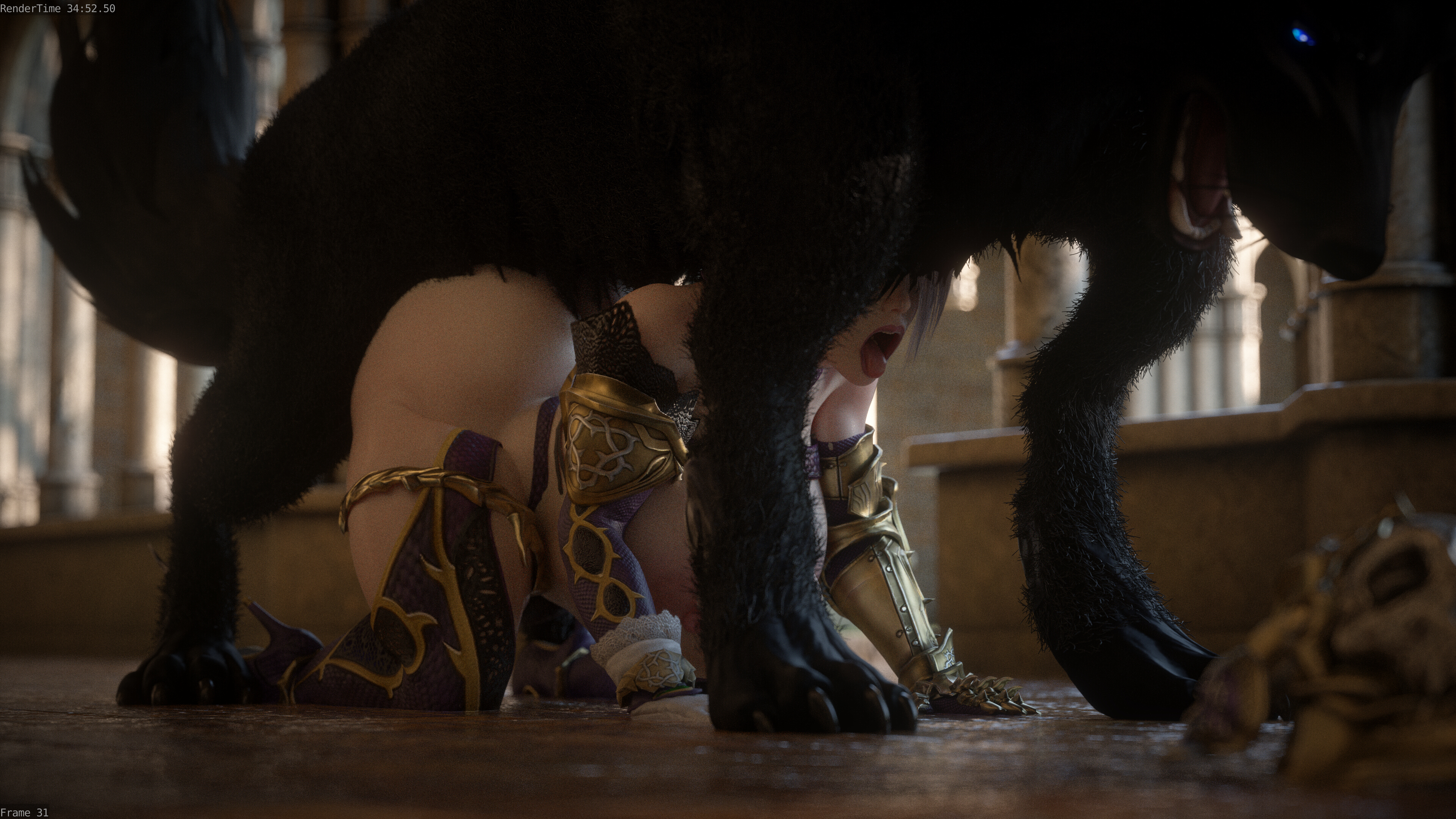 1girls, 3d, 3d (artwork), areolae, black fur, breasts, canid, canine, canis, curvaceous, curvy, curvy figure, doggy style, erect nipples, eyes, female, feral, huge breasts, human, icedev, interspecies, isabella valentine, large breasts, male, nipples, on floor, sex, silver hair, size difference, soul calibur, taken from behind, wolf, zoophilia