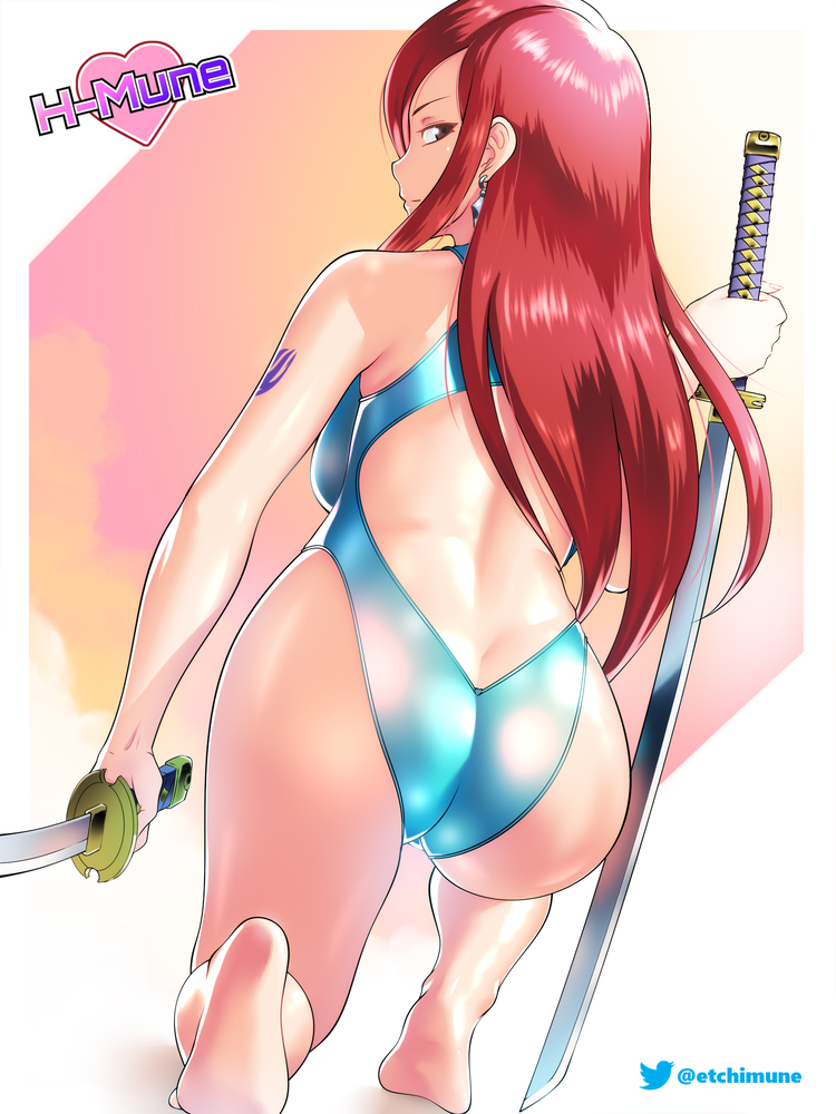 1girls, arm tattoo, ass, ass cleavage, ass crack, backless outfit, blue tattoo, brown eyes, butt crack, earrings, erza scarlet, etchimune, fairy tail, fairy tail mark, feet, female, female only, long hair, one-piece swimsuit, red hair, red-haired female, soles, swimsuit, swimwear, sword, tattoo